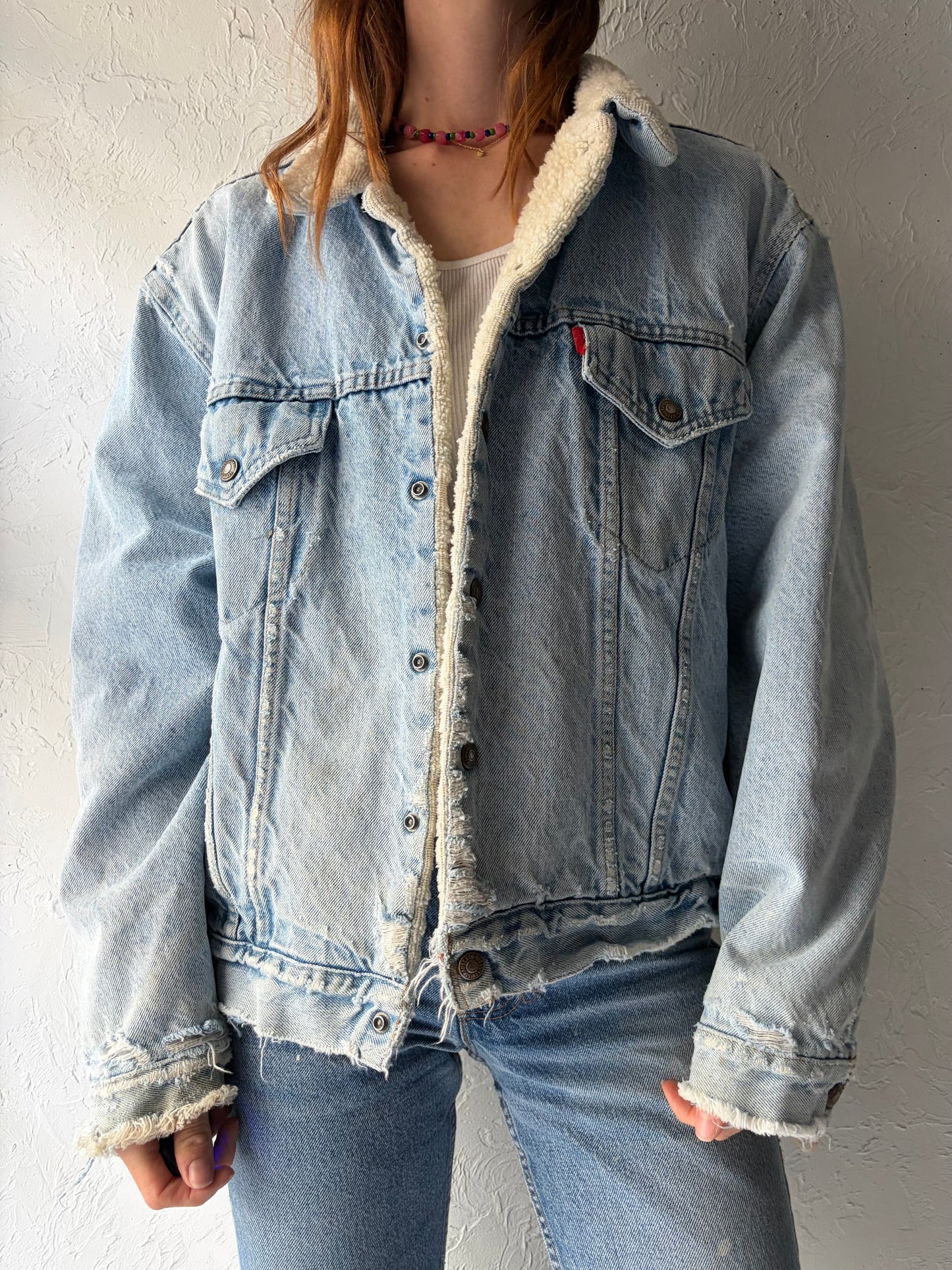 70s 'Levis' Faux Shearling Lined Light Wash Denim Jacket / Large
