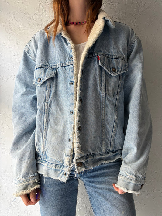 70s 'Levis' Faux Shearling Lined Light Wash Denim Jacket / Large