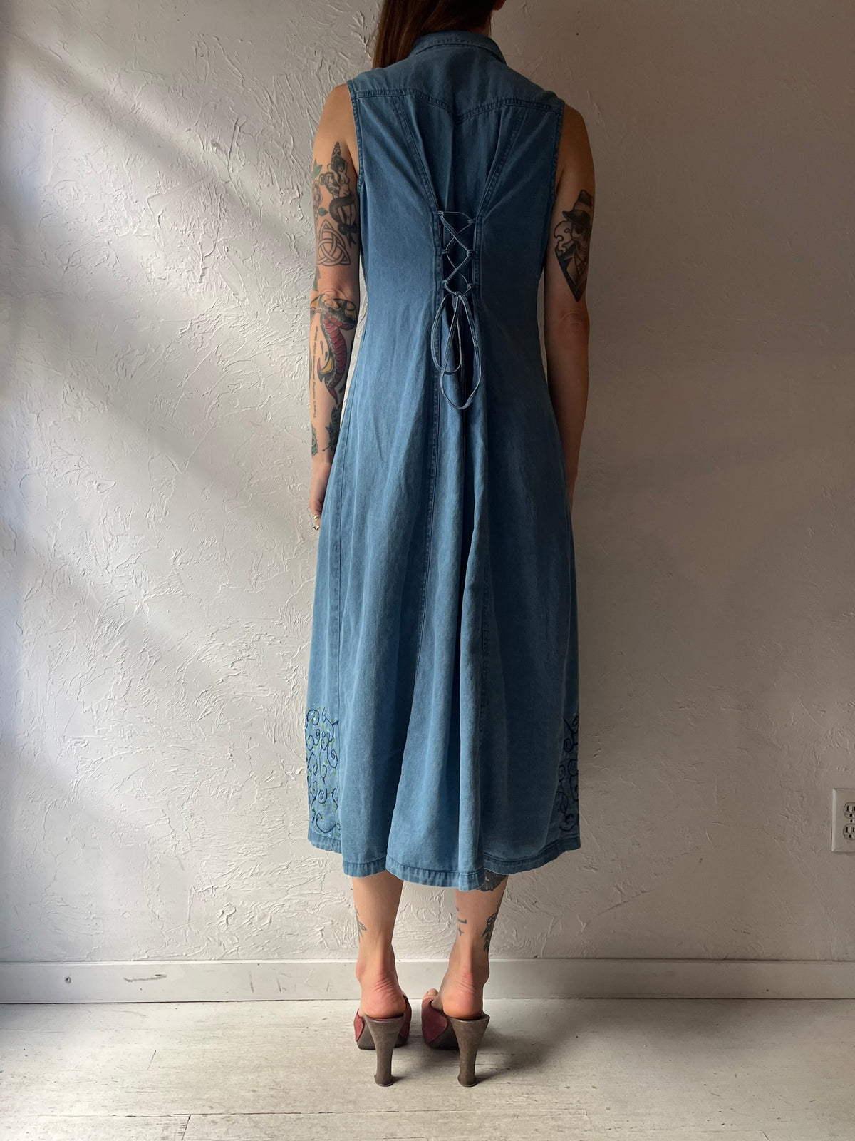 Y2k ' Parables' Denim Embroidered Western Cottagecore Button Up Maxi Dress / Medium