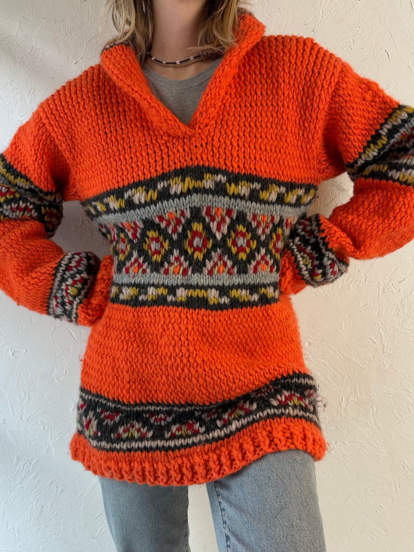 Vintage Hand Knit Orange Sweater / Large