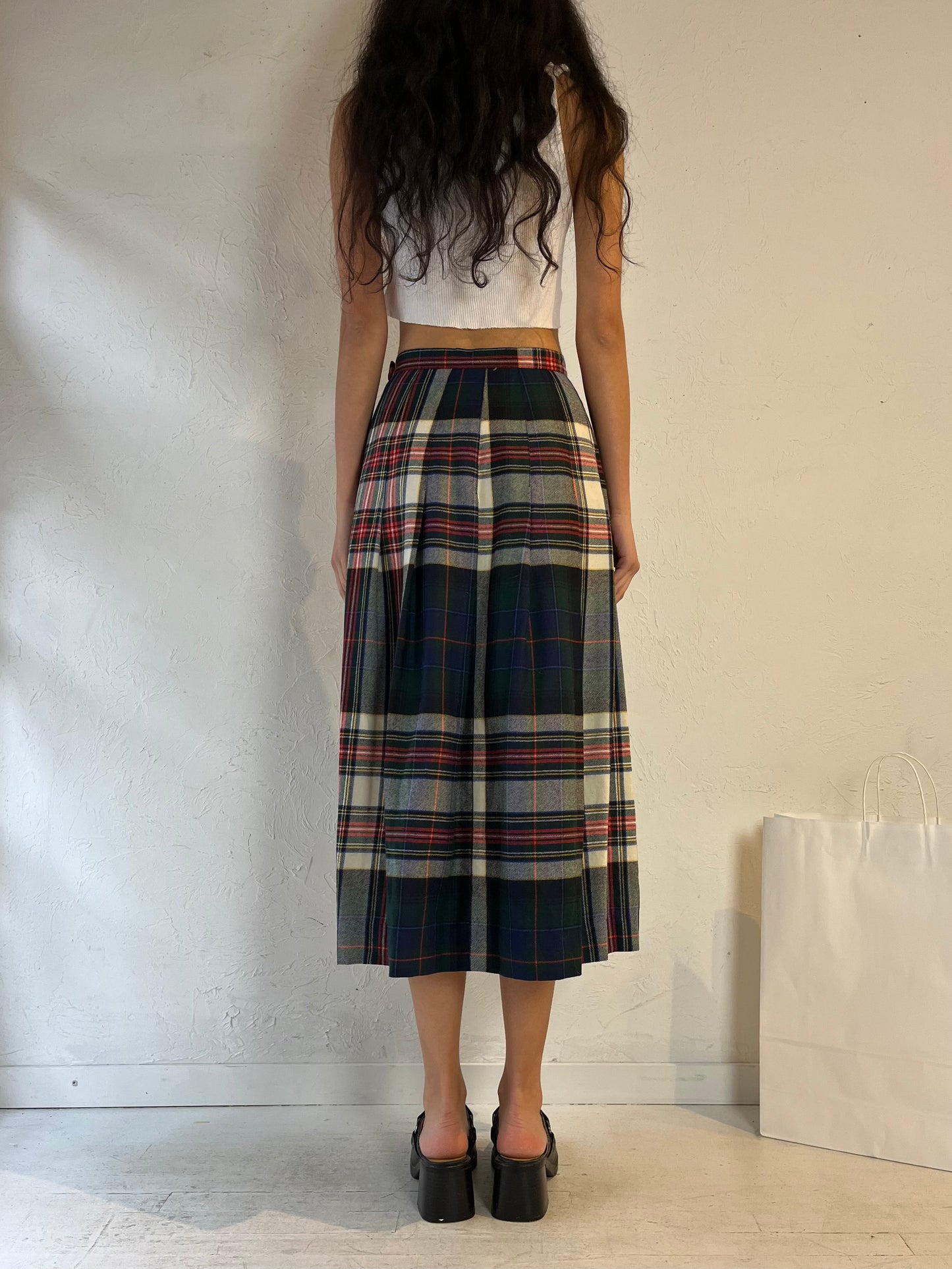 80s ‘Tica’ Plaid Wool Pleated Midi Skirt / Small