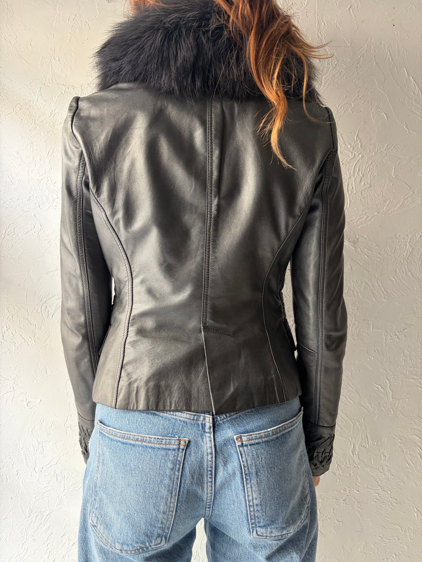 90s 'Cache' Black Mod Leather Jacket with Fur Collar / Small
