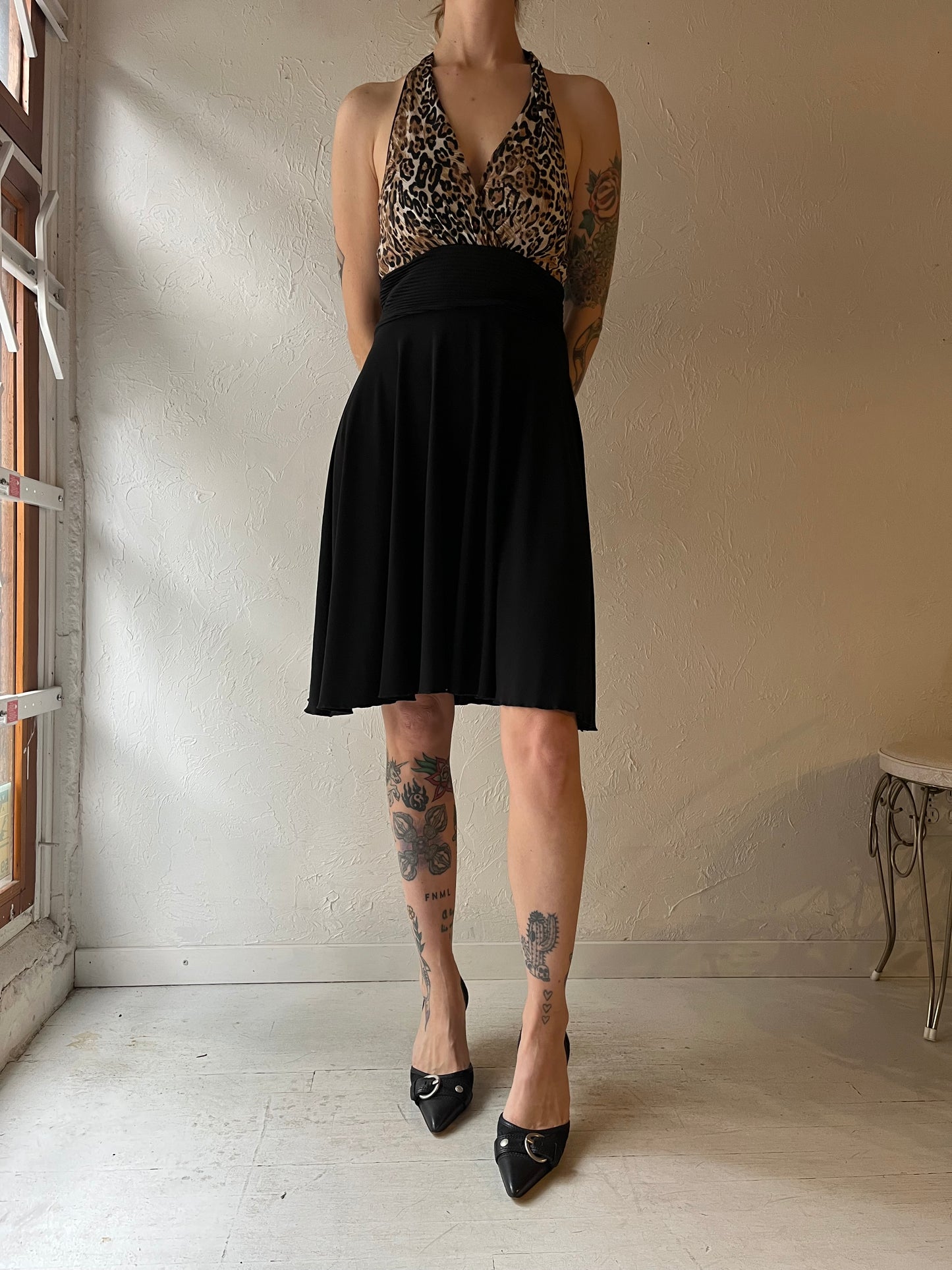 Y2k 'Jubi' Black Sliky Cheetah Halter Dress / Medium