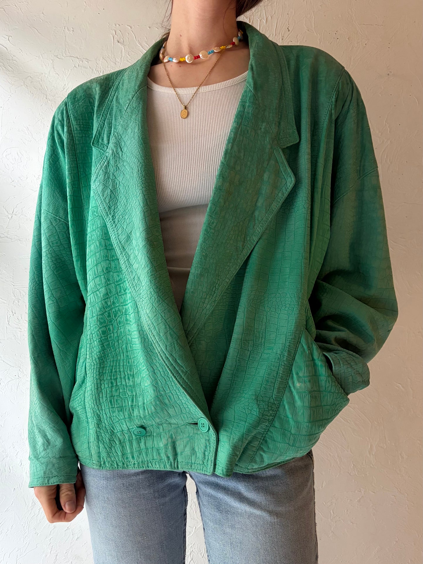 80s 'Bagatelle' Green Leather Jacket / Medium