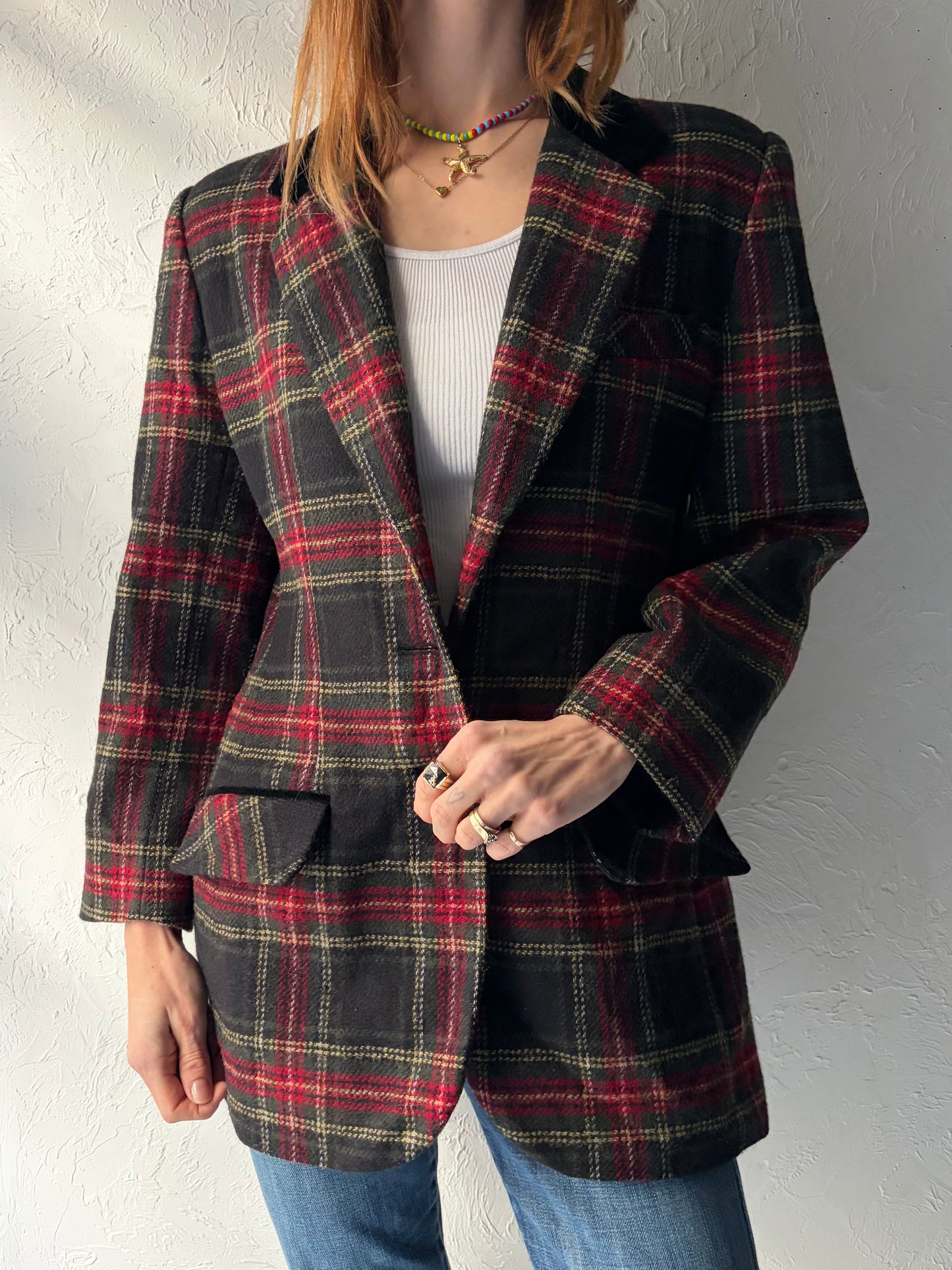 80s 'Signature' Plaid Wool Blazer Jacket / Medium