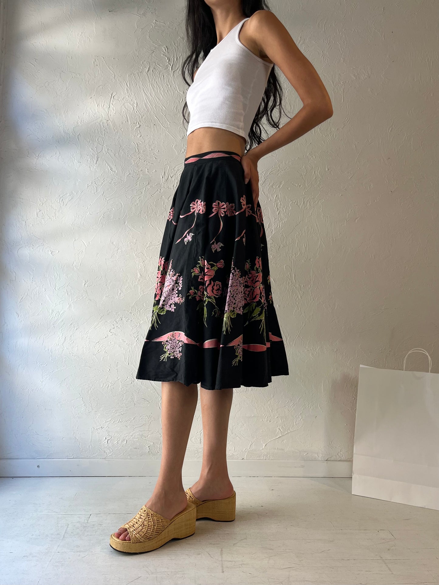 Vintage Handmade Black Bow Midi Skirt / Small