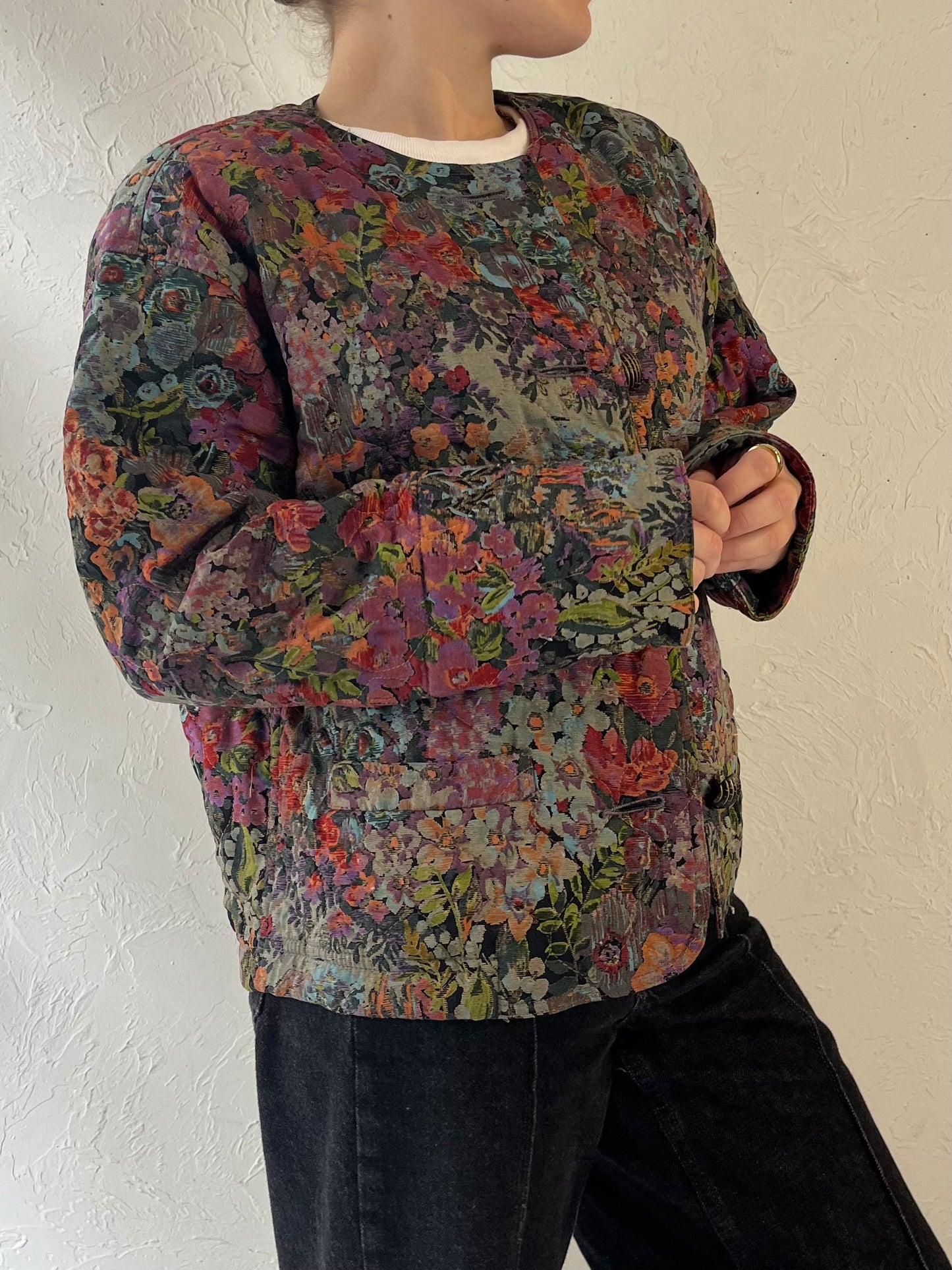 90s 'Carol Little' Quilted Floral Print Rayon Jacket / Medium