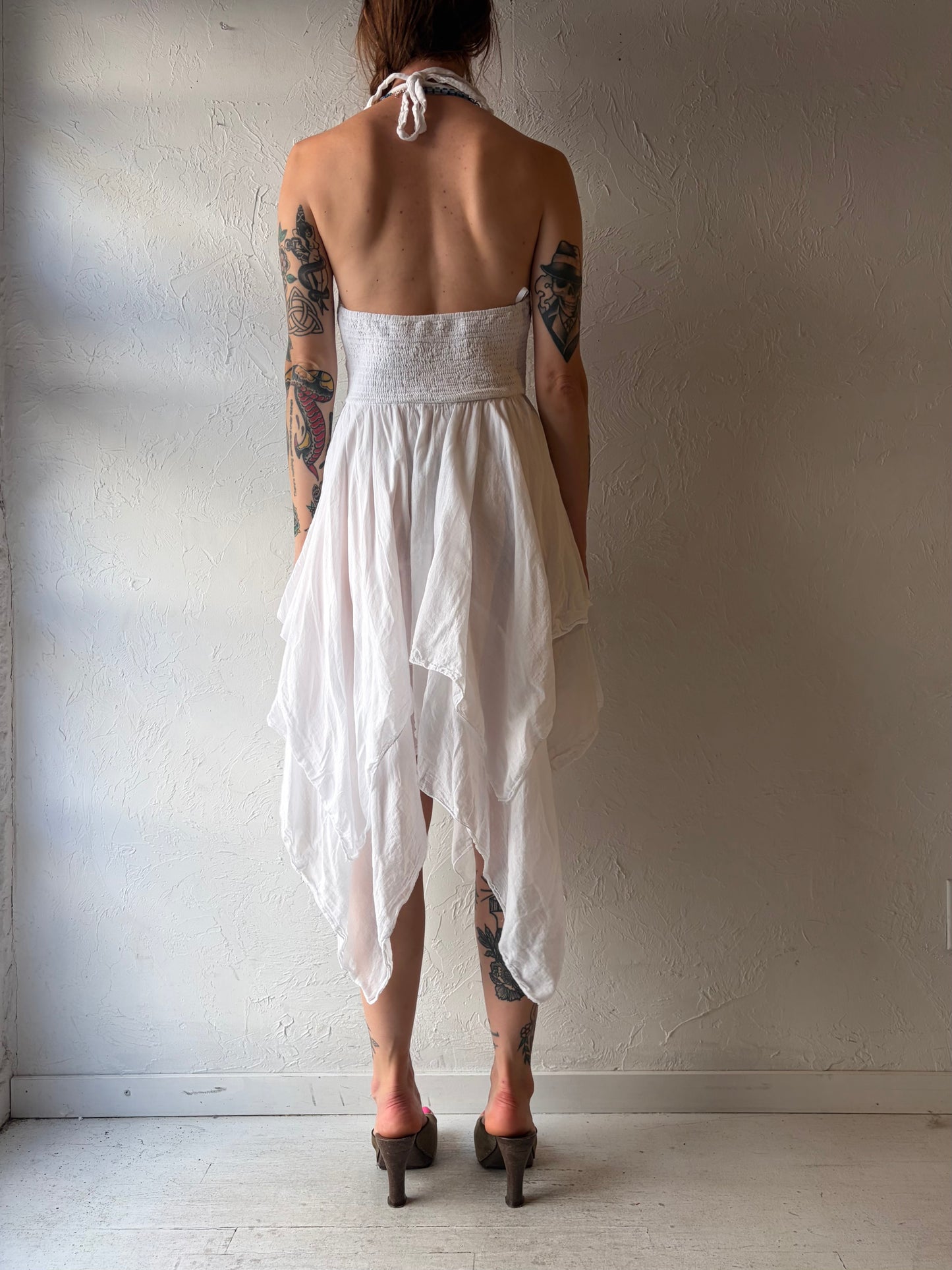 Y2k White Cotton Embroidered Hippie Boho Fairycore Mini Summer Dress / Small - Medium
