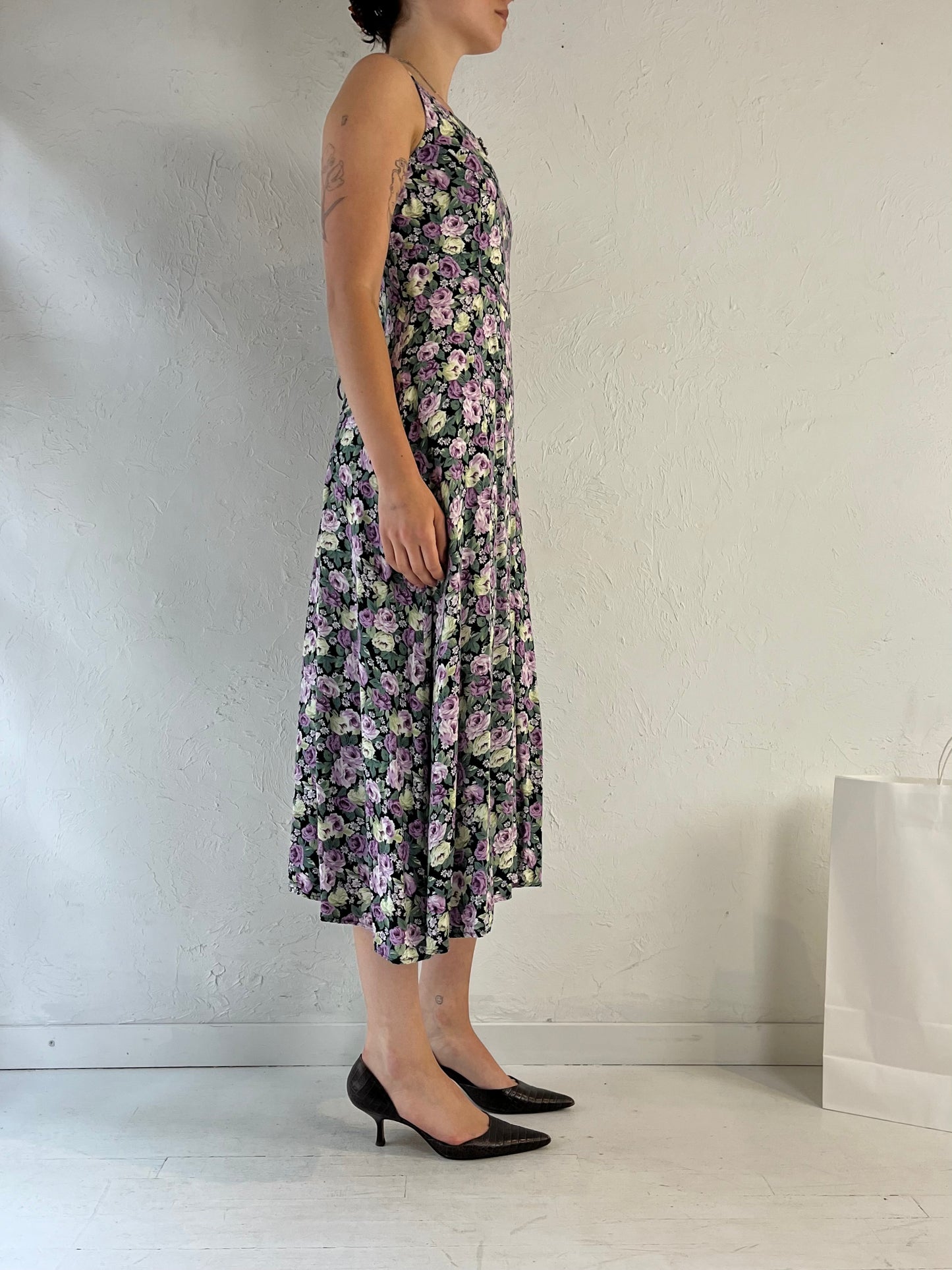 90s 'All That Jazz' Purple Floral Rayon Dress / Small
