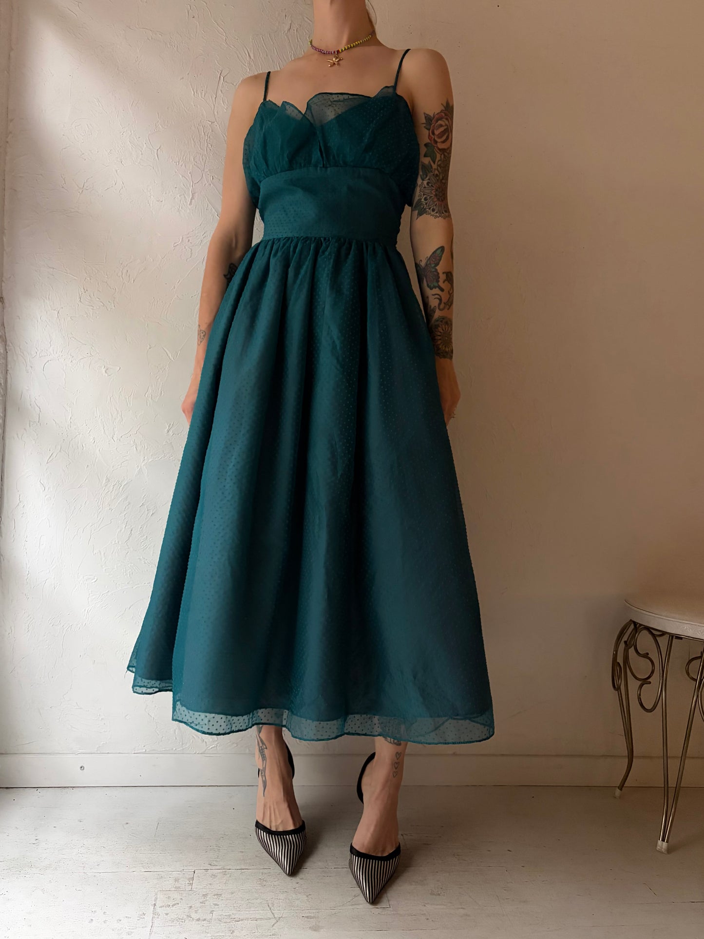 80s 'Gunne Sax' Teal Polka Dot Formal Gown / Small