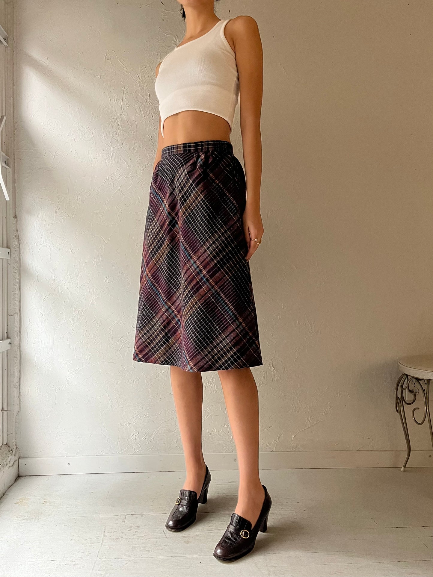 Vintage Plaid Wool Skirt / Small