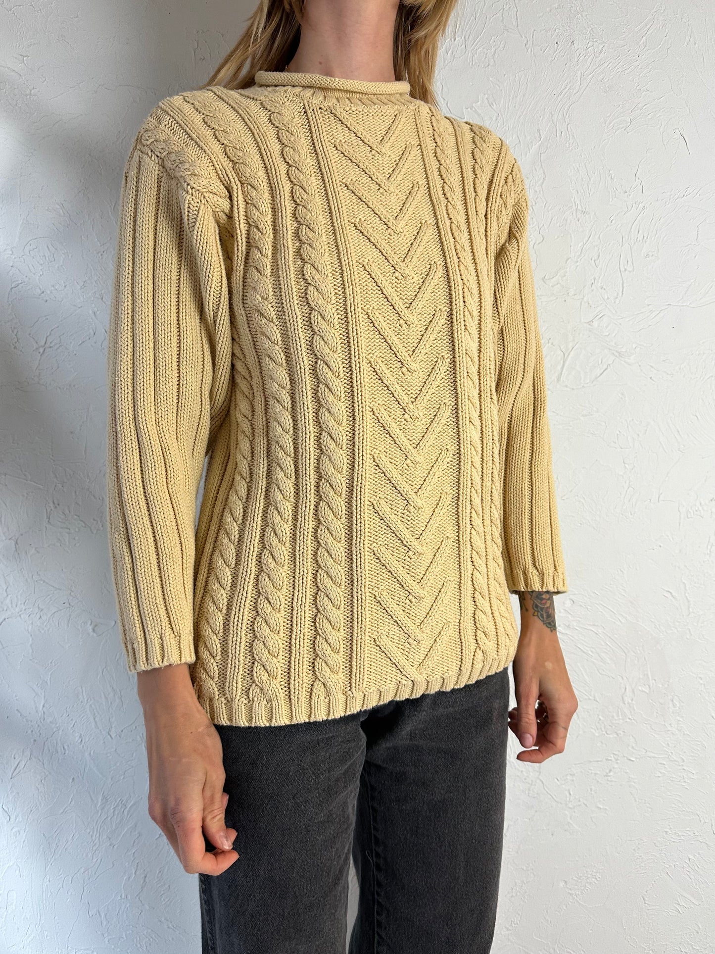 90s 'Jessica' Cream Cotton Cable Knit Sweater / Medium