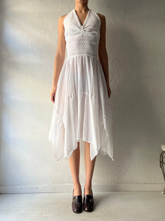 Y2k White Gauze Hippie Boho Halter Summer Dress / Vintage 2000s Fairy Core Midi Dress / Small