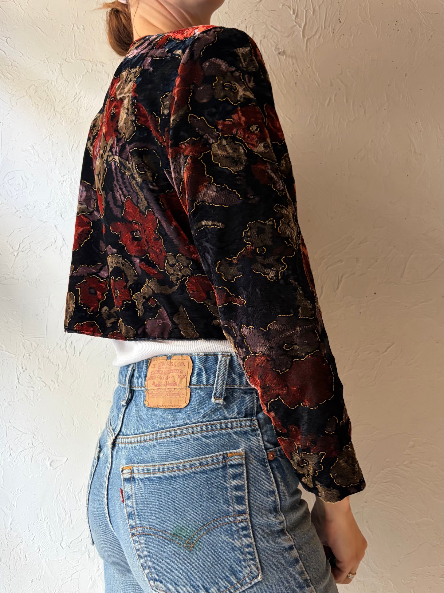 80s 'Beechers Brook' Floral Print Velvet Retro Cropped Evening Jacket / Small