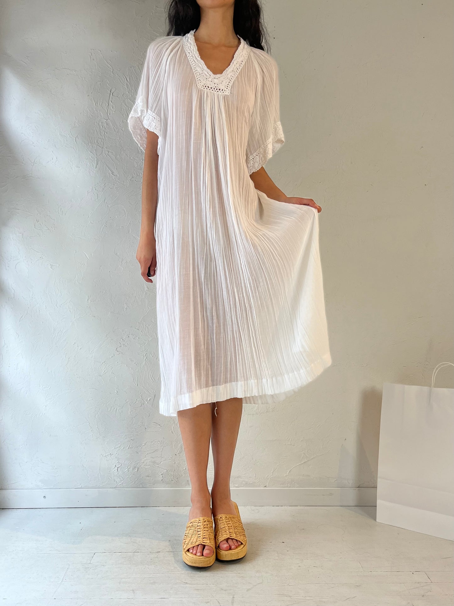 Vintage White Crochet Cotton Gauze Midi Dress / Small