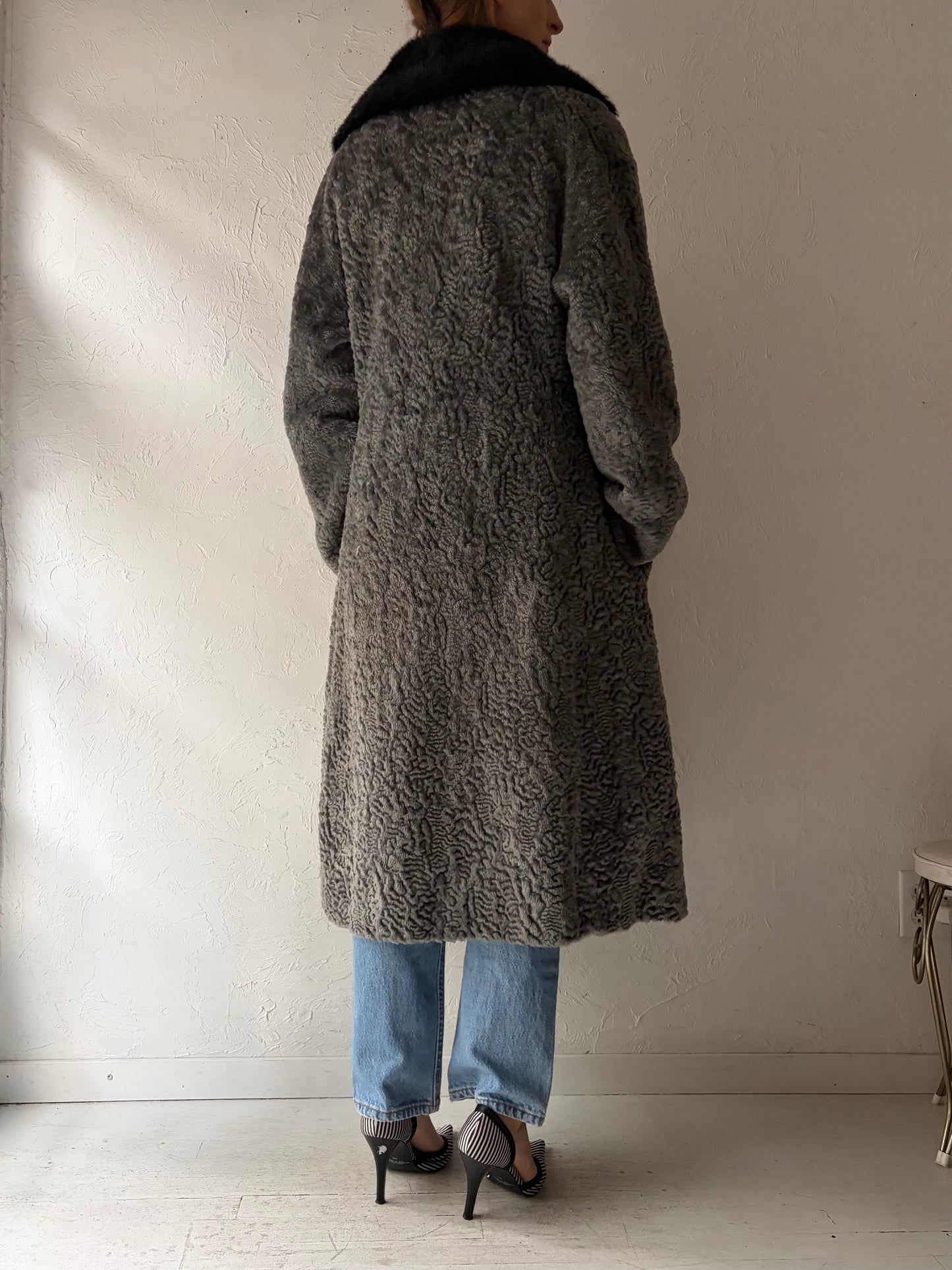 80s Grey Faux fur Coat / Large