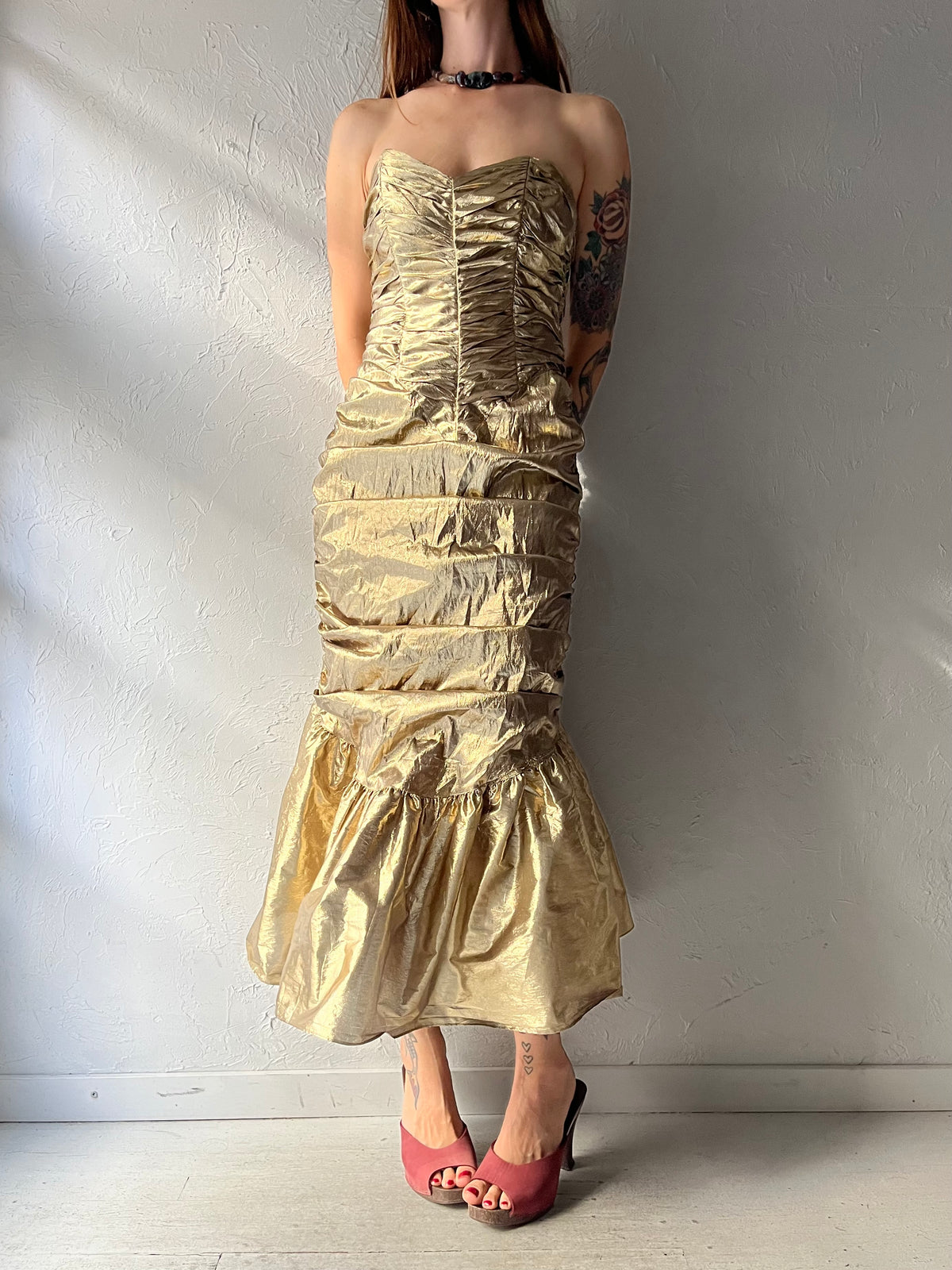 80s 'Gunne Sax' Gold Metallic Retro Formal Party Cocktails Dress / Small