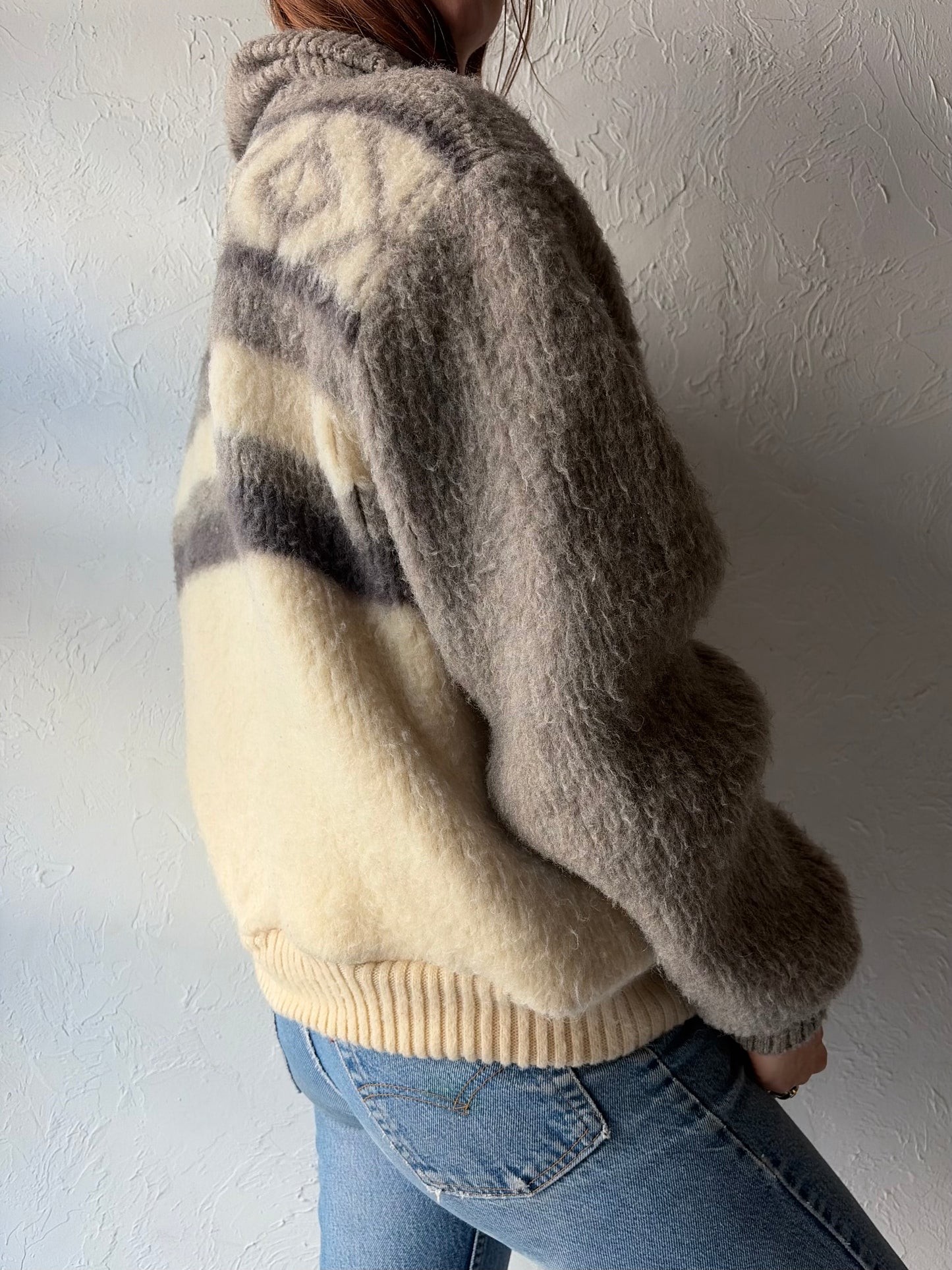 80s 'Nanook' Wool Knit Zip Up Shearling Lined Nordic Fair Isle Grandpa Core Sweater Jacket / Medium