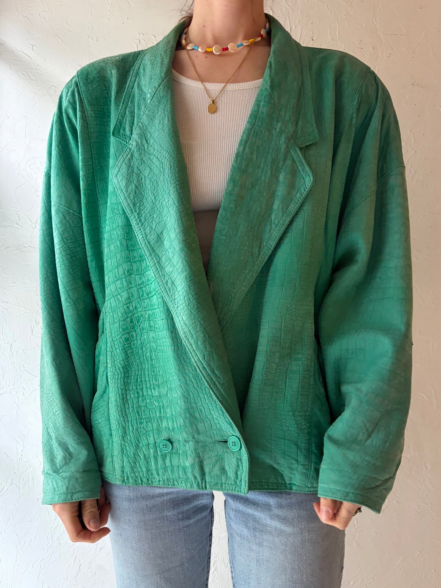 80s 'Bagatelle' Green Leather Jacket / Medium