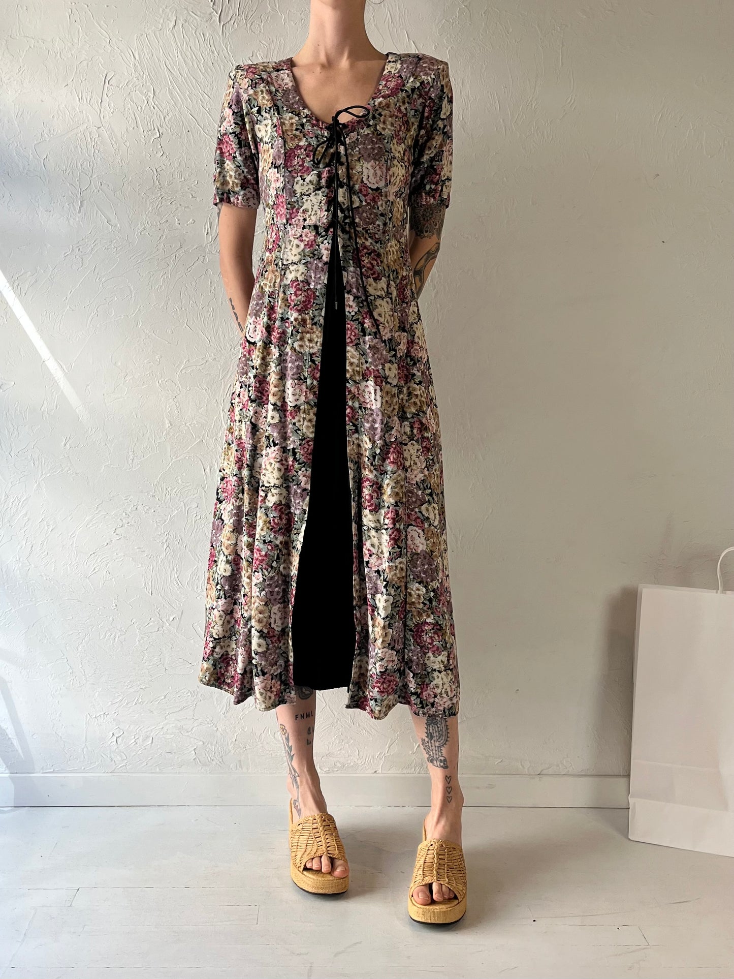 90s 'Nostalgia' Floral Print Rayon Dress / Medium