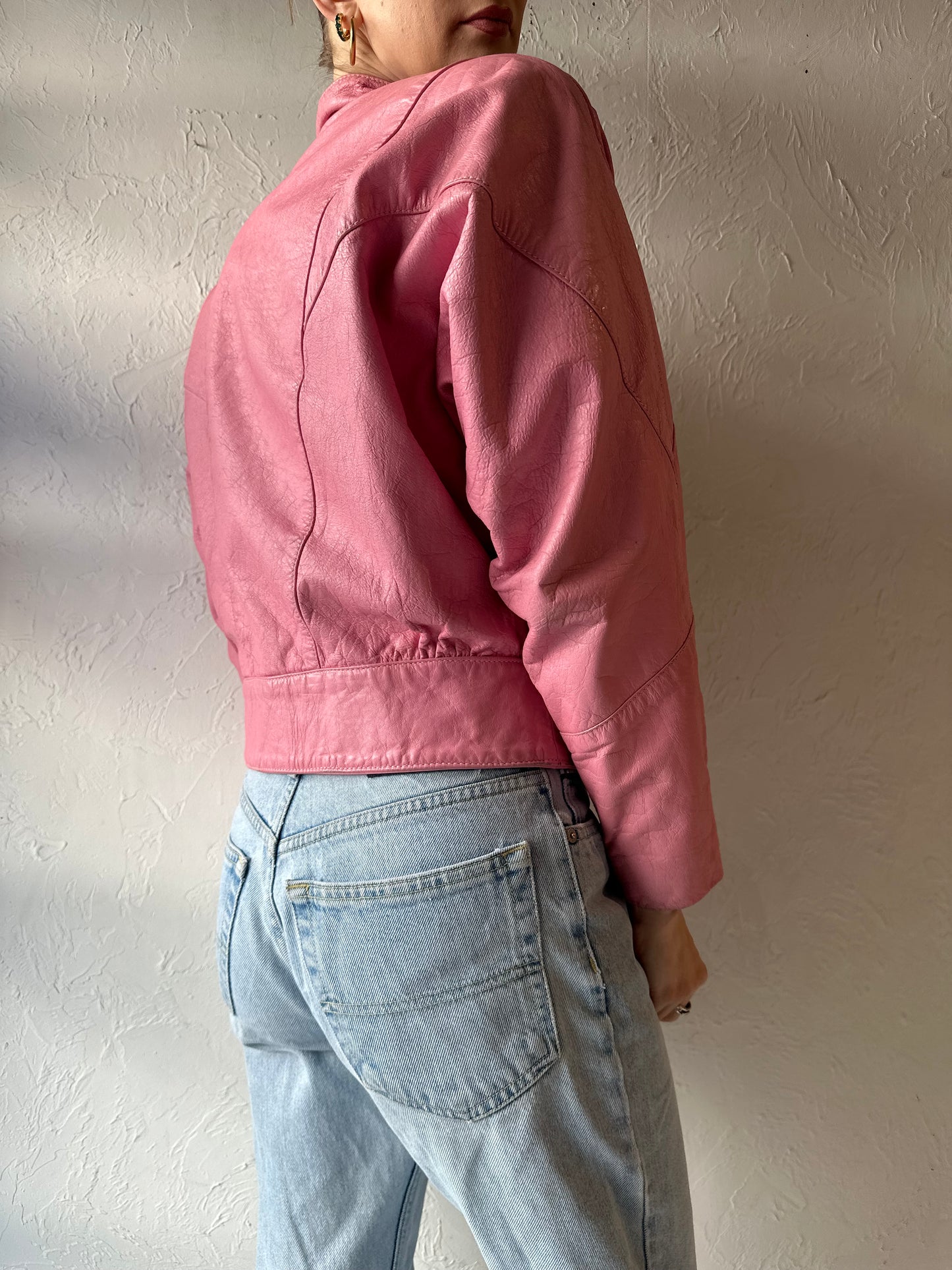 80s 90s 'Champion' Pink Leather Bomber Jacket / Small