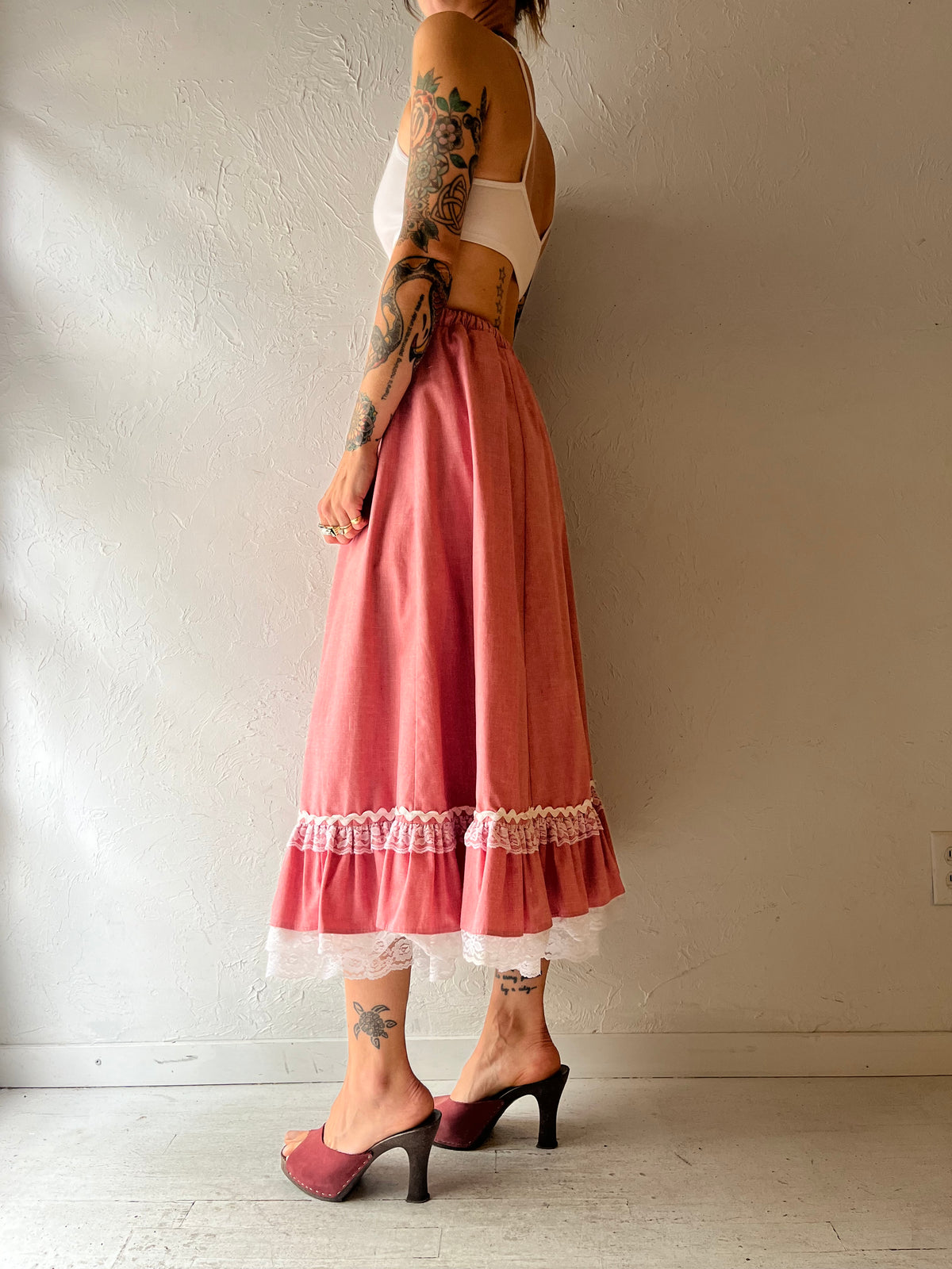 60s 'Rockmount Ranch Wear' Pink Tiered Western Skirt / Small