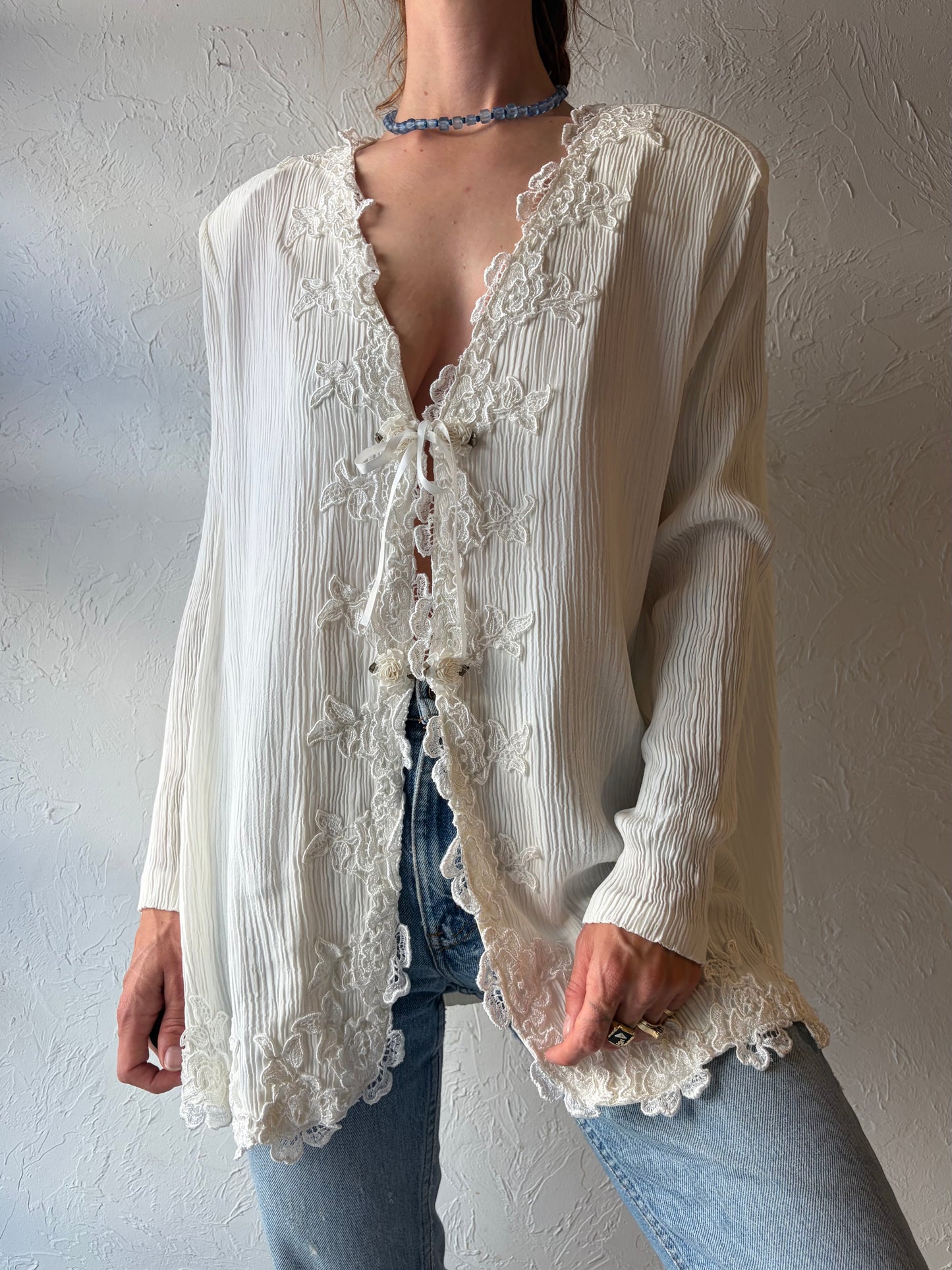 80s 'SL Fashions' White Long Sleeve Jacket Top / XL