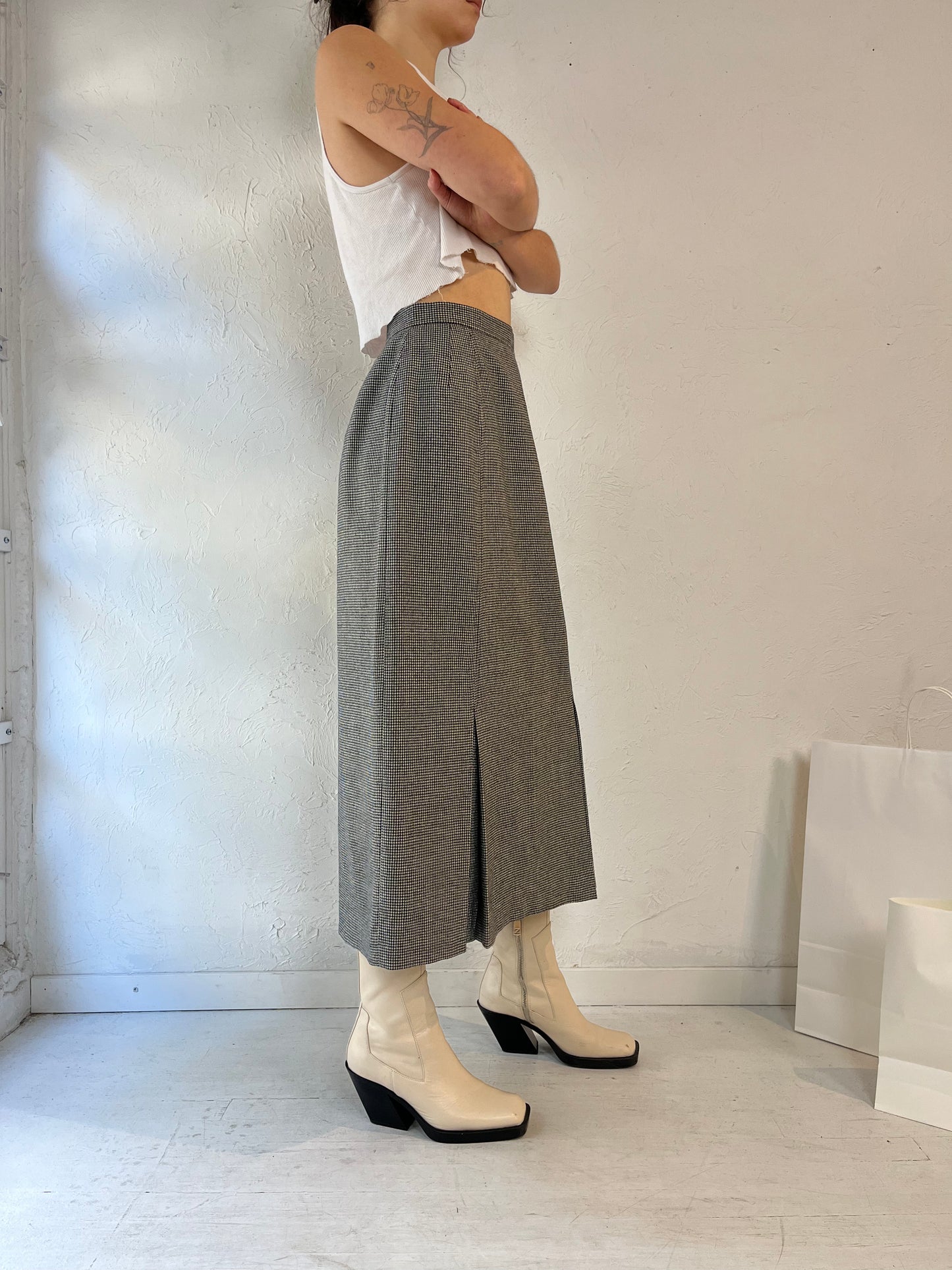 90s 'Club House' Herringbone Wool Midi Skirt / Medium