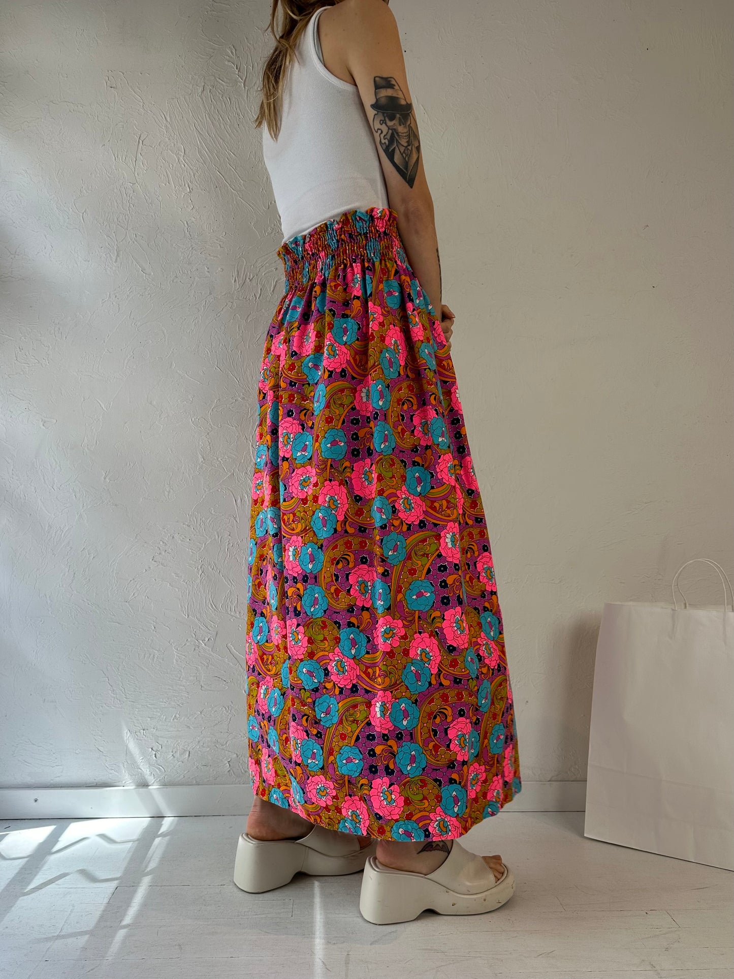 70s 'Beverly Vogue' Retro Floral Cotton Maxi Skirt / Medium