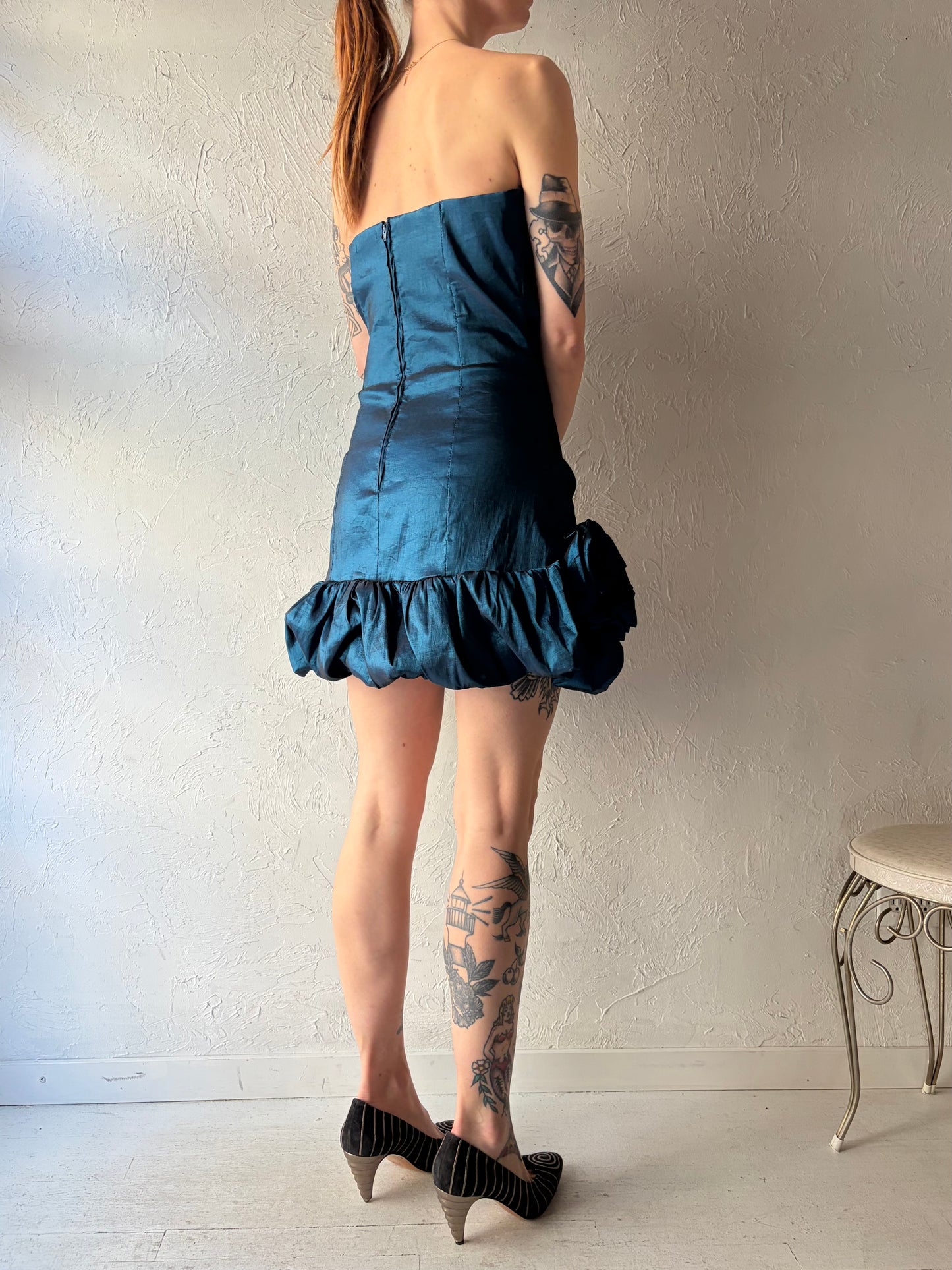 Y2k 'Sakura' Metallic Blue Strapless Formal Mini Dress / Large