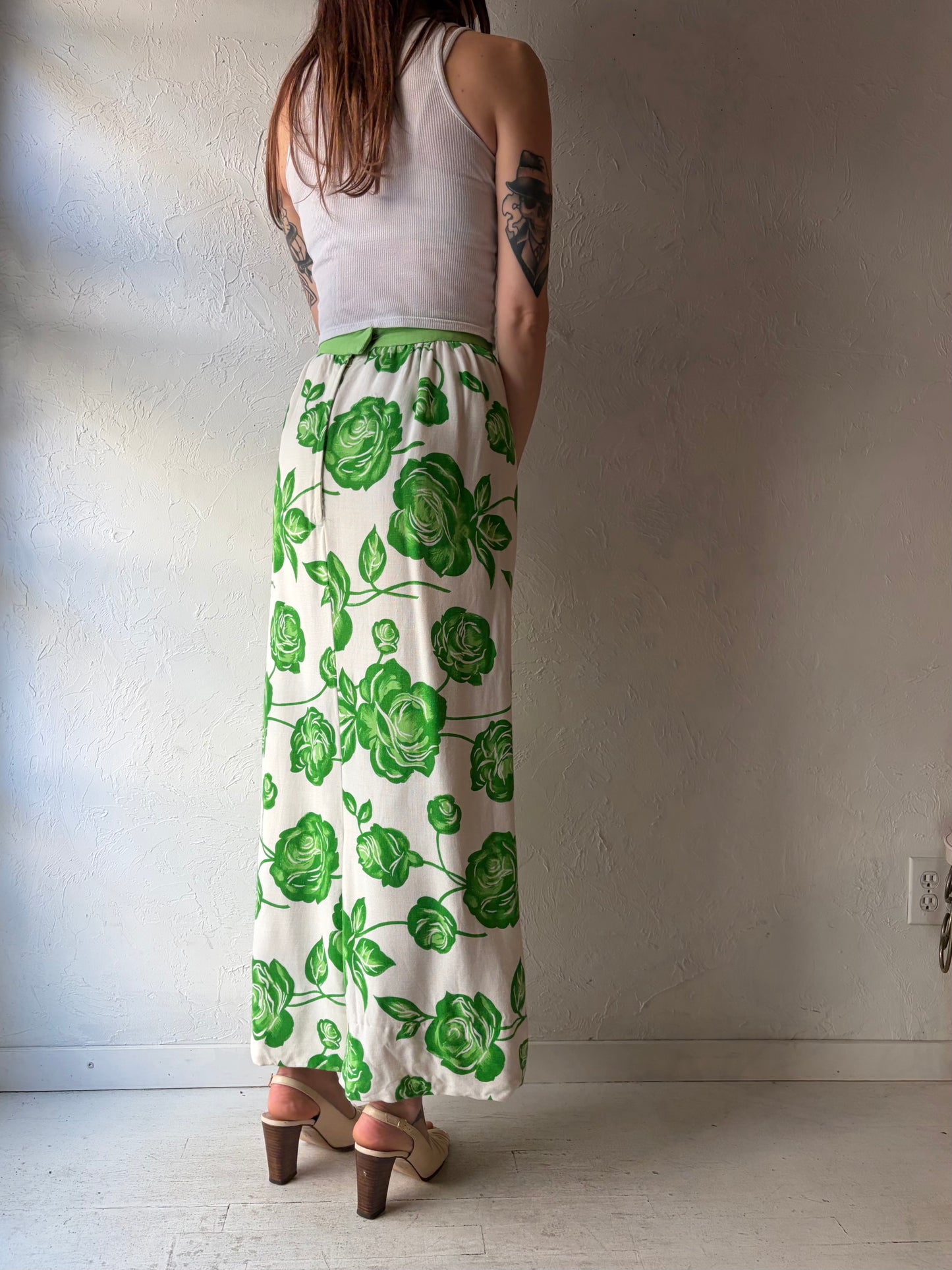 70s Handmade Green Floral Maxi Skirt / XS