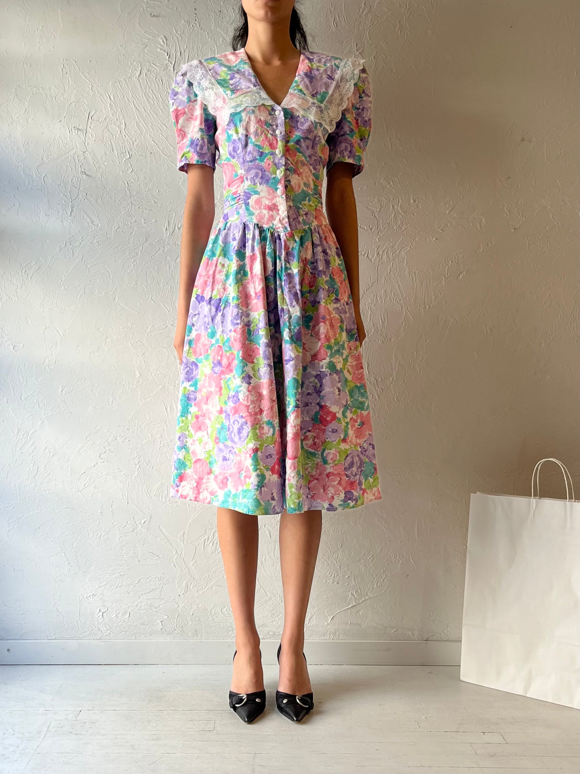 80s 'Joni Blair' Collared Floral Midi Dress / Small Wildhoneygoods 80s 'Joni Blair' Collared Floral Midi Dress / Small Wildhoneygoods