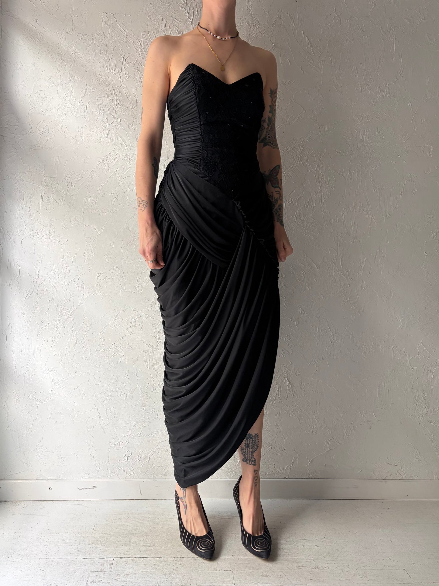 80s Strapless Black Formal 1980s Romanic Goth-core Prom Dress / Small