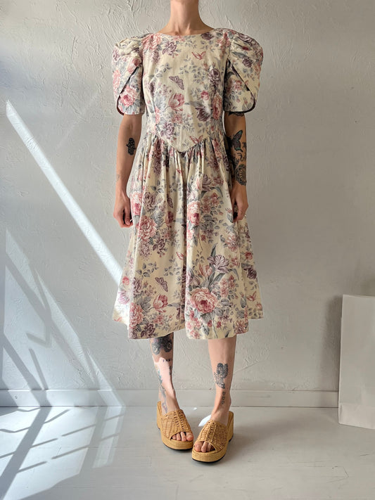 90s Handmade Cotton Floral Puff Sleeve Dress / Medium