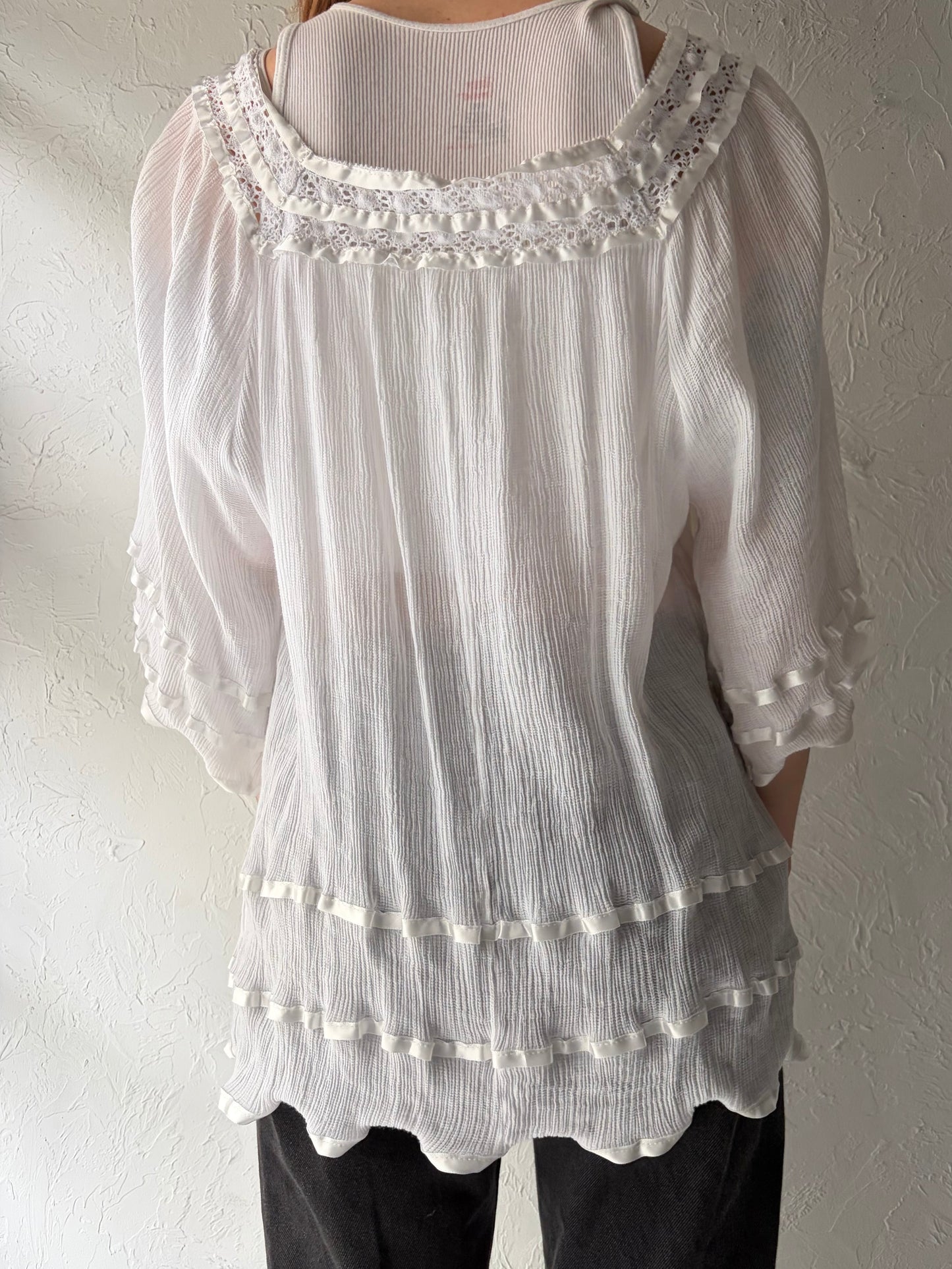 Vintage White Cotton Gauz Hippie Boho Crochet Top / Small
