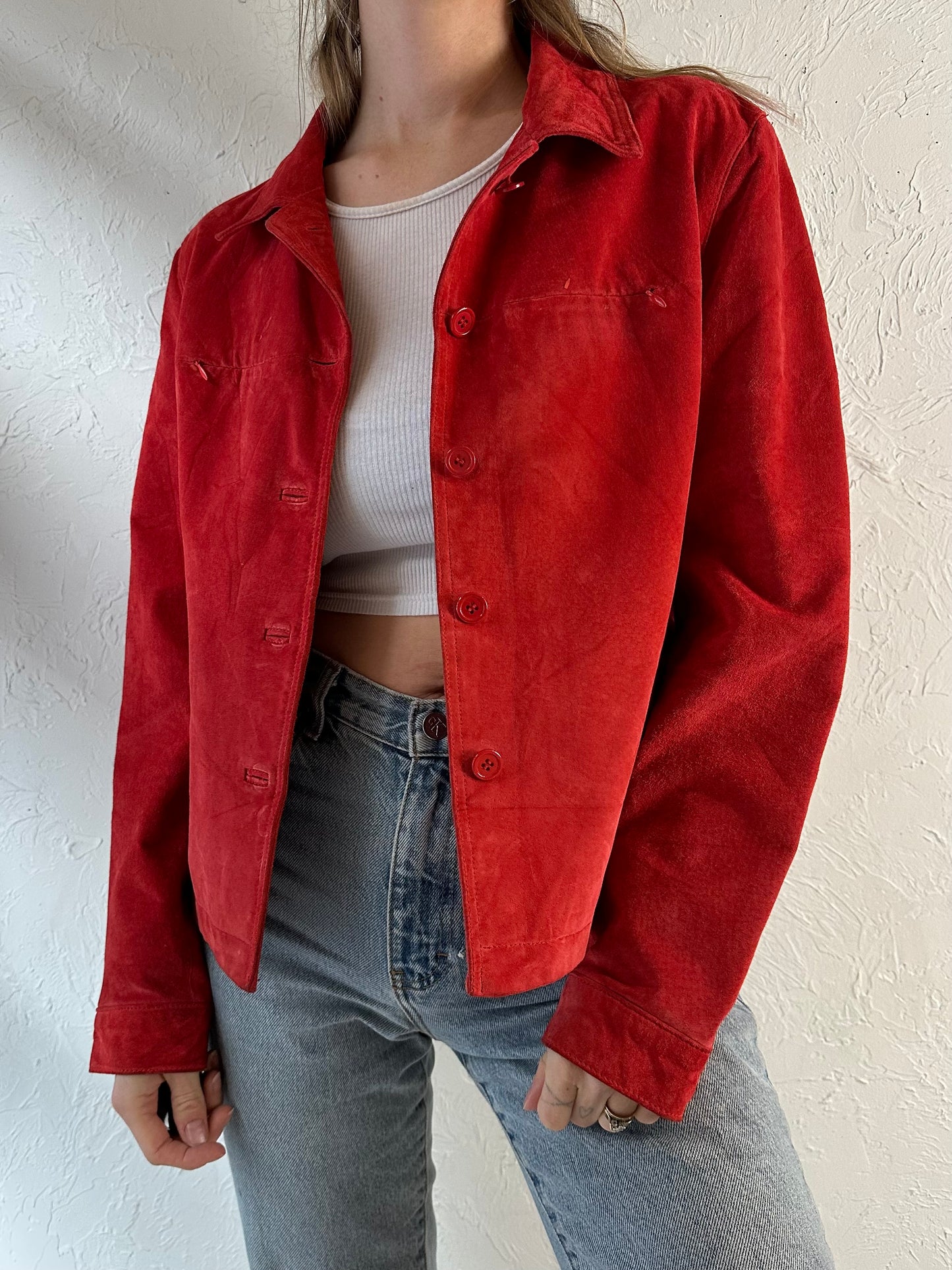 90s 'Jeanology' Red Suede Jacket / Medium