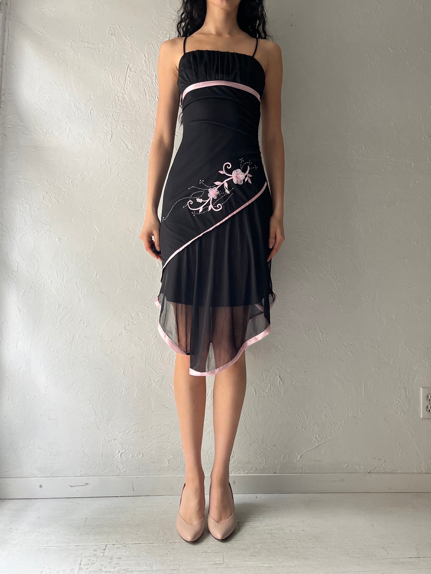 Y2k Black Assymetical Mesh Spring Midi Dress / XS