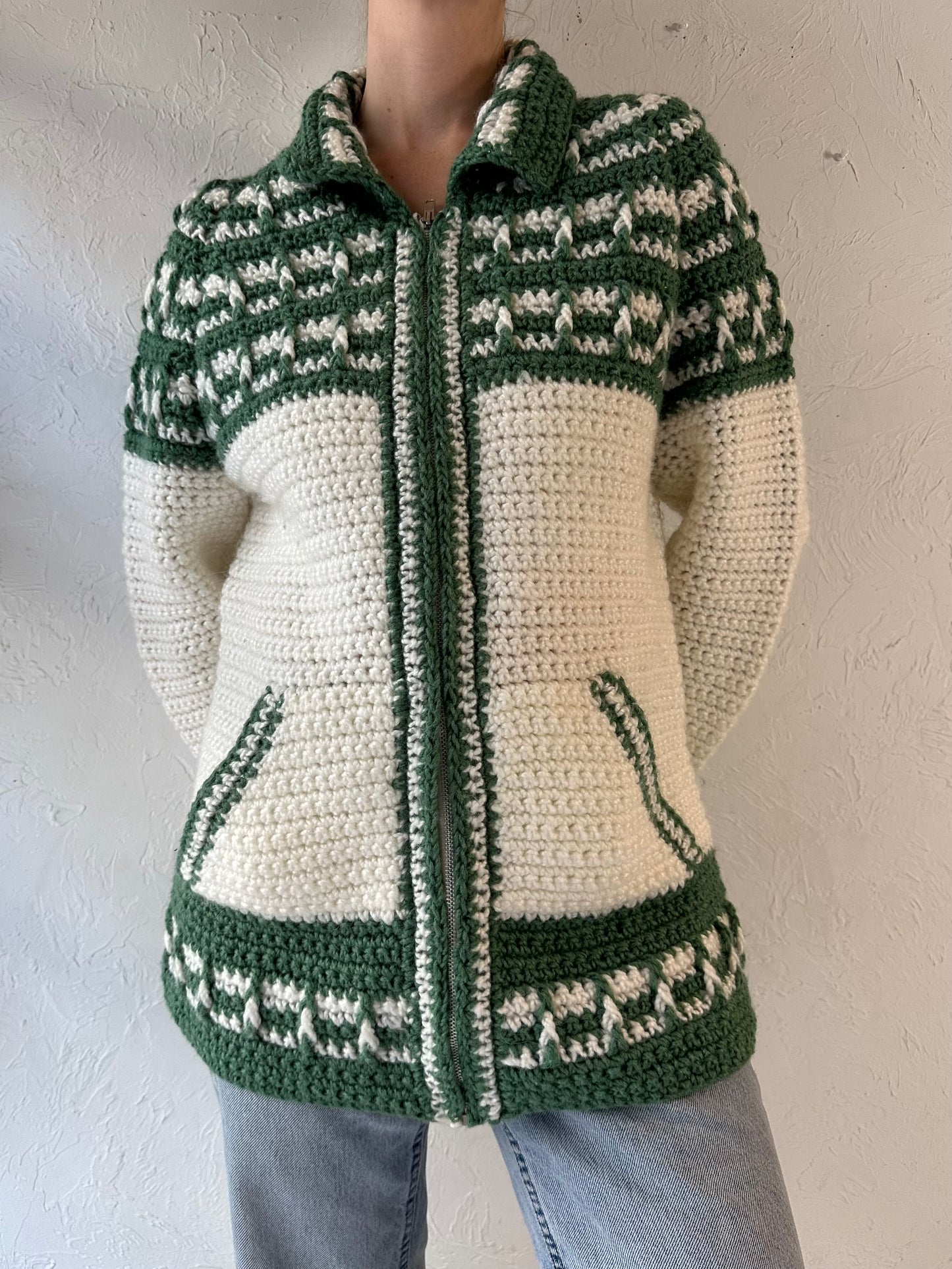 Vintage Hand Knit Green and White Acrylic Cardigan Sweater / Medium - Large