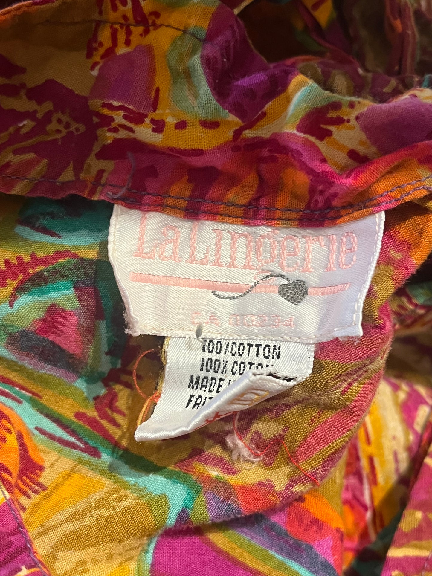 90s 'La Lingerie' Patterned Cotton Mini Dress / Medium