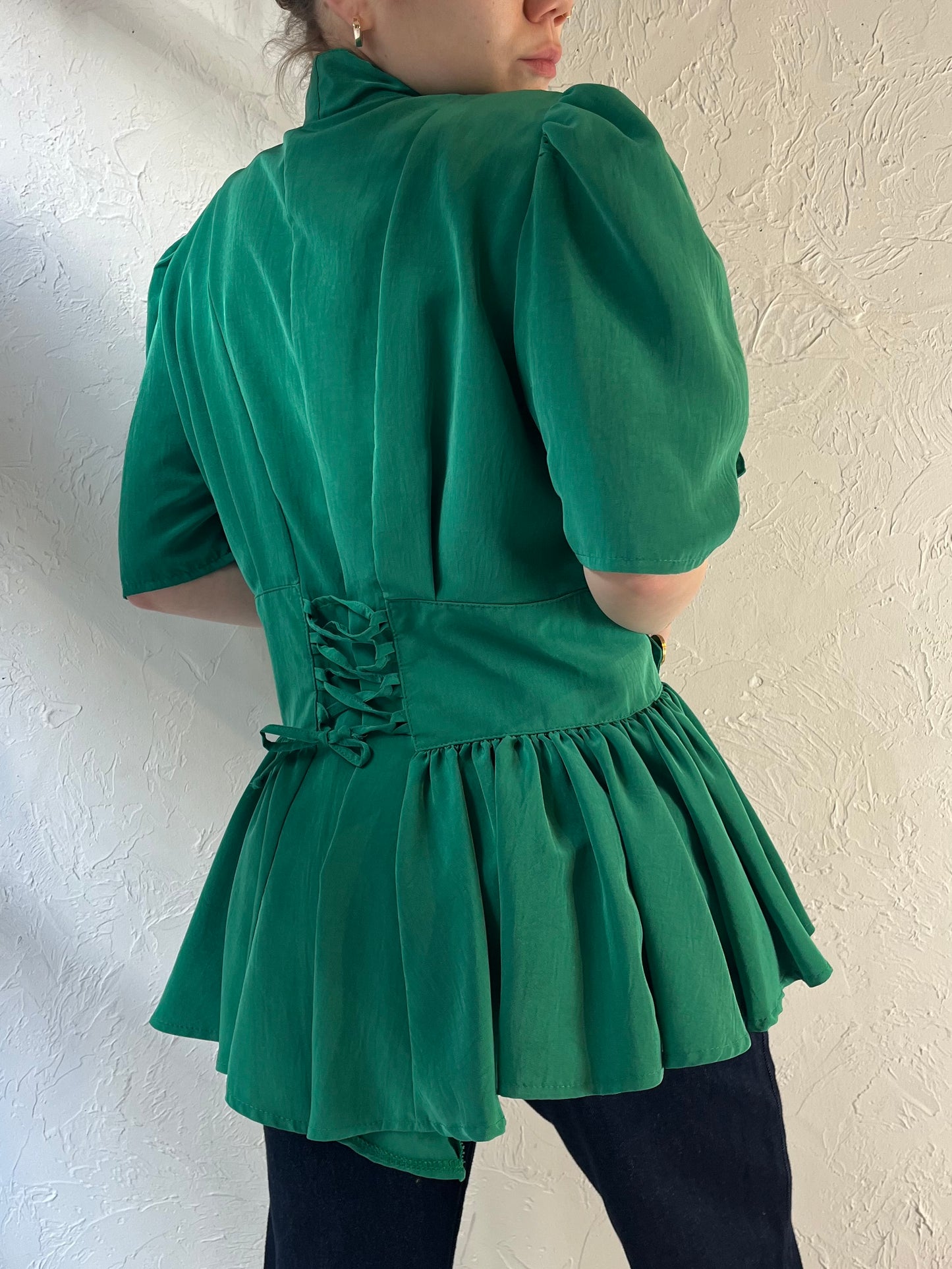 80s ‘Tazzia’ Green Ruffle Blouse / Medium