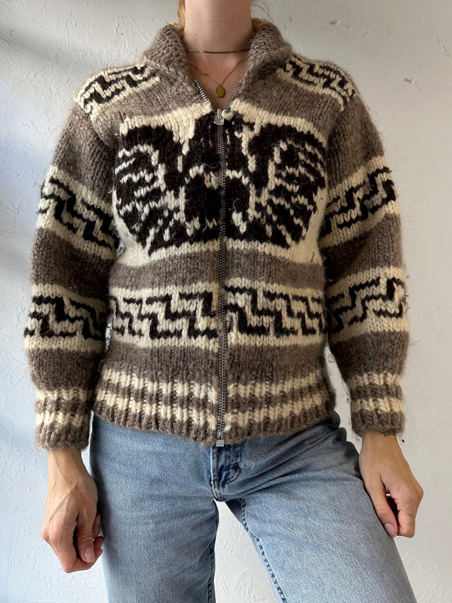 Vintage Hand Knit Zip Up Wool Eagle Sweater / Small