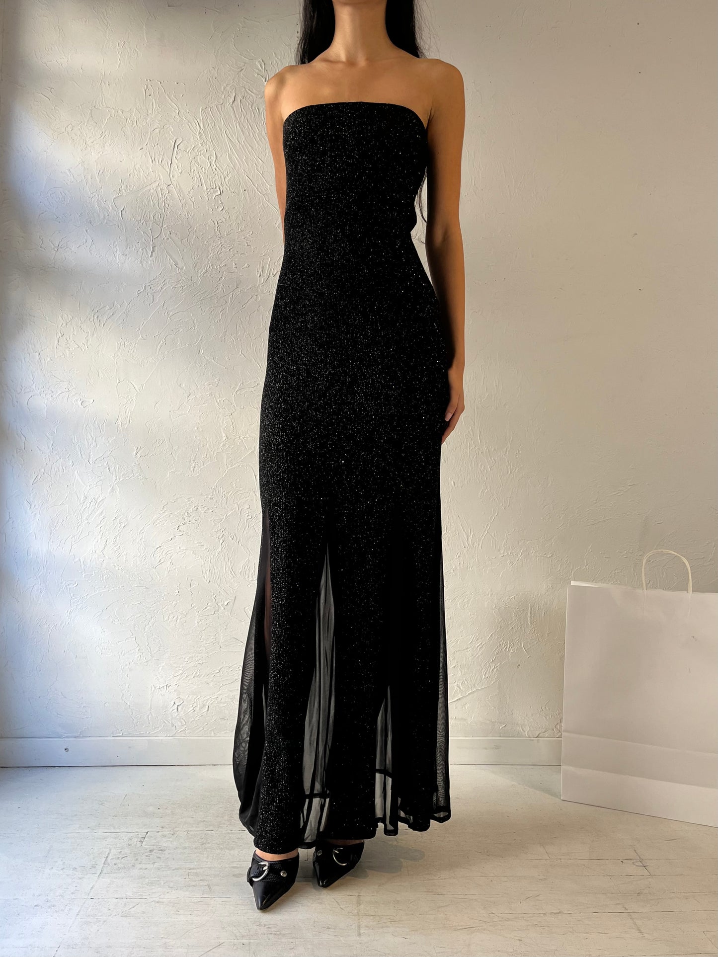 90s ‘Le Chateau’ Black Sparkly Strapless Formal Gown Dress / Small