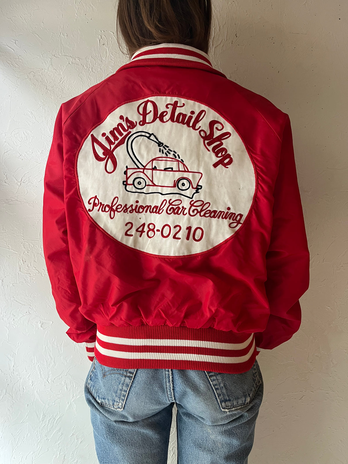 70s 'Pla-Jac' Red Varsity Embroidered Car Graphic Retro Workwear Snap Up Bomber Jacket / Medium