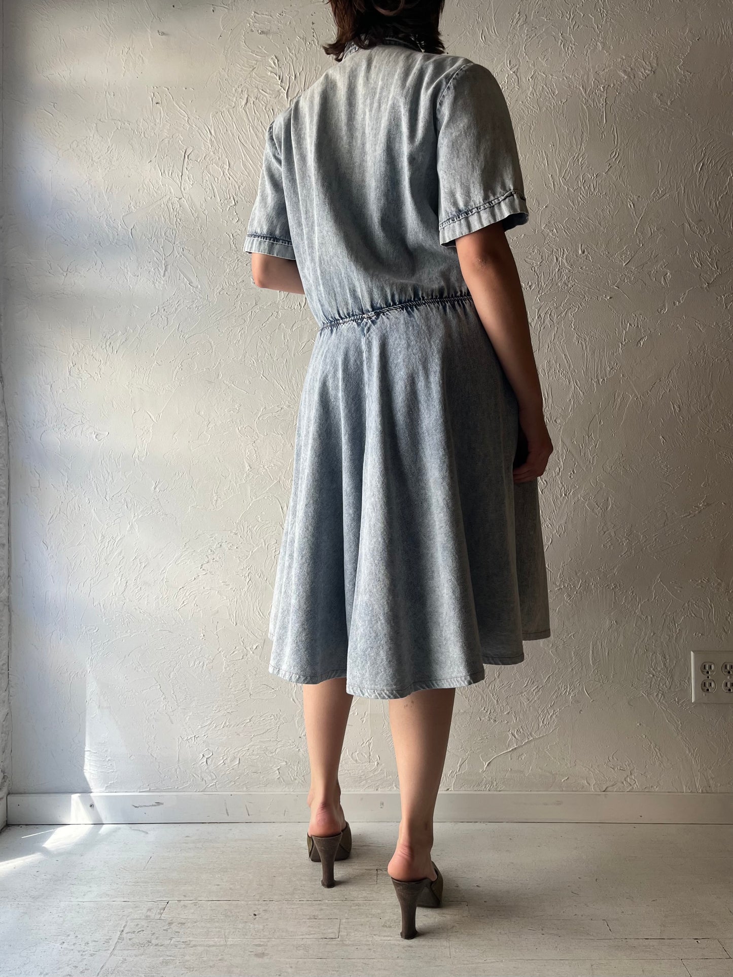 90s 'Two Roads' Acid Wash Denim Retro Grunge Shirt Dress / Medium