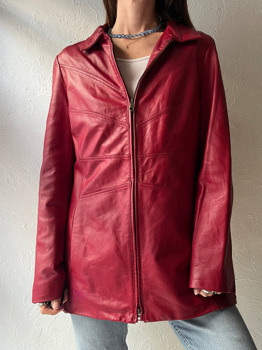 Y2k ‘Danier’ Raspberry Red Genuine Leather Longline Jacket / Medium