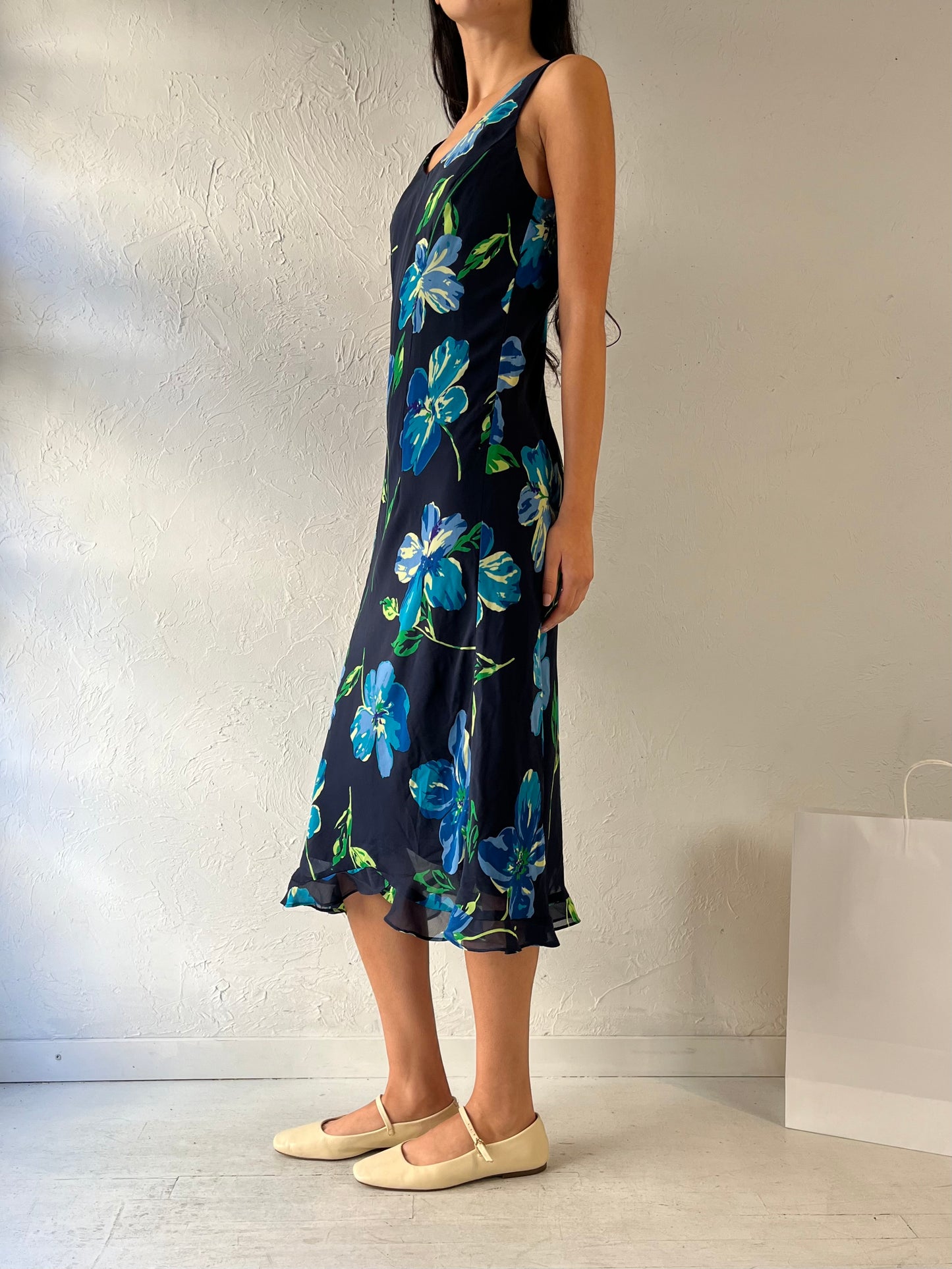 90s ‘DJ Summers’ Blue Floral Print Dress / Medium - Large