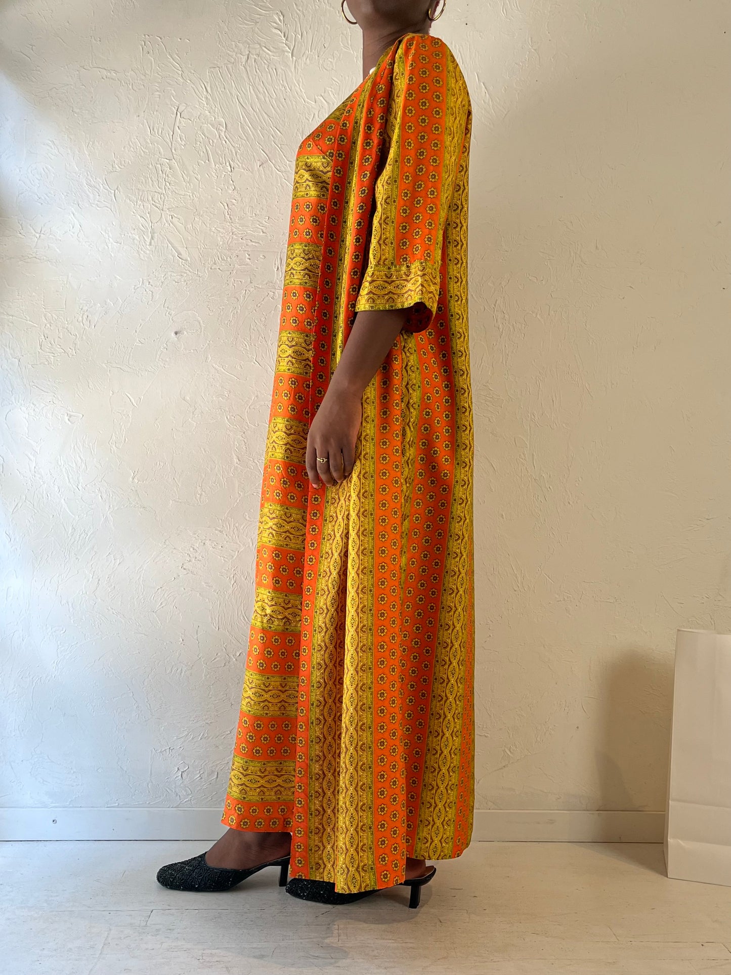 70s ‘Fifth Avenue Robes’ Orange Patterned Kaftan / Medium