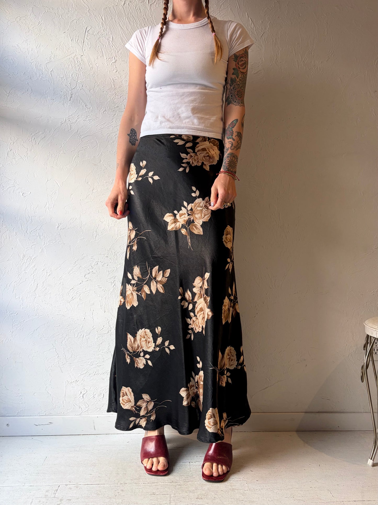 90s 'Le Chateau' Silky Floral Maxi Skirt / Small