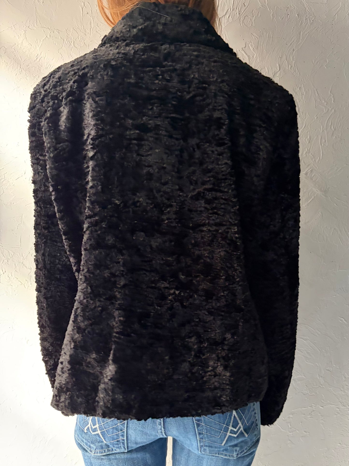 90s 'Le Chateau' Black Faux Fur Jacket / Large