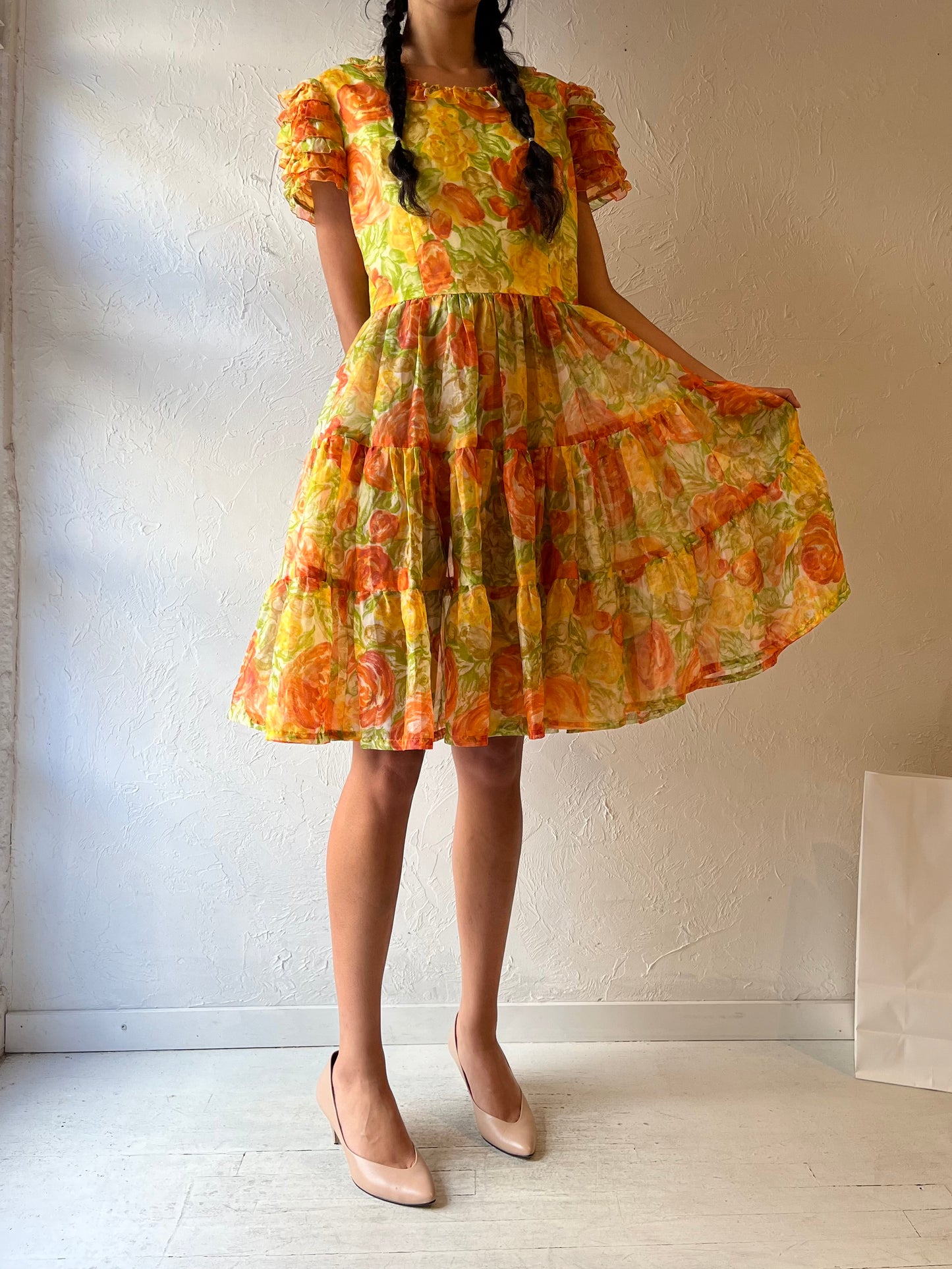 60s 'Glamour Dance Craft Ltd.' Tiered Floral Midi Dress / Medium